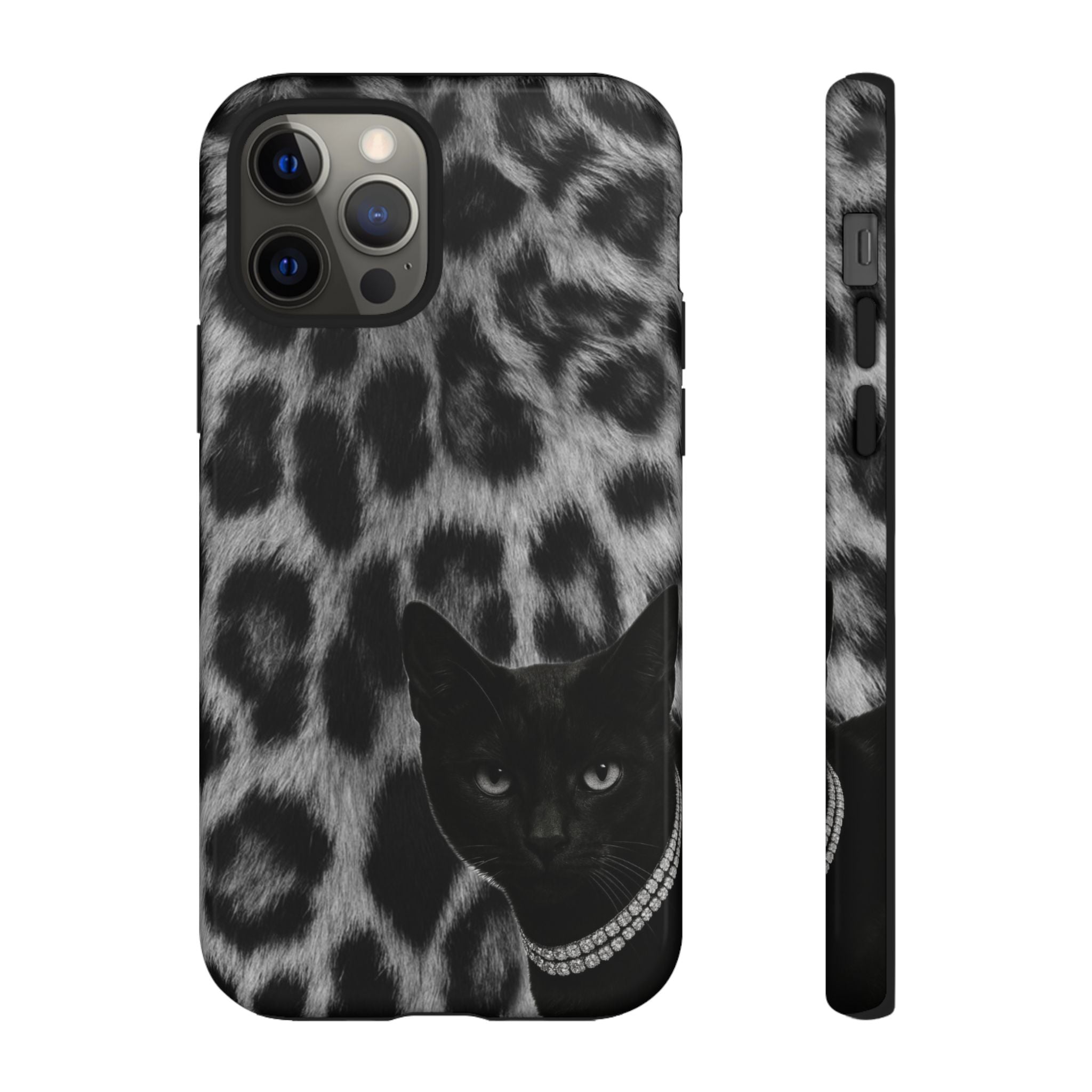 Cat Leopard Phone Case — Black Cat with Pearl Necklace, Chic Animal Print Protective Cover