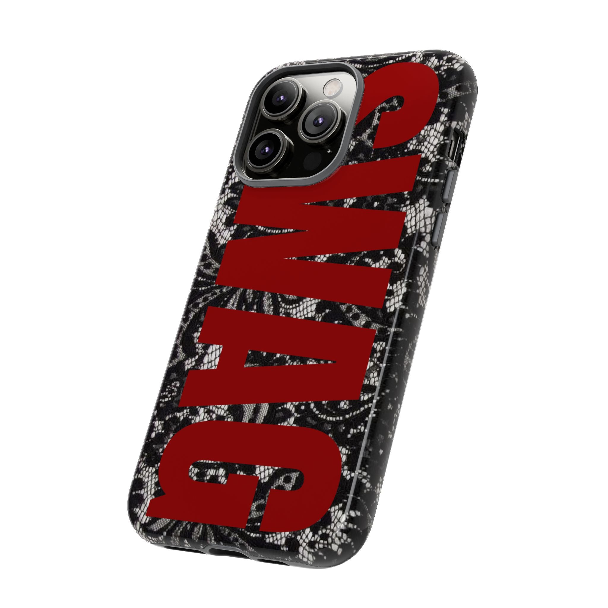 Phone Case — Black Lace Pattern with Bold Red SWAG Text