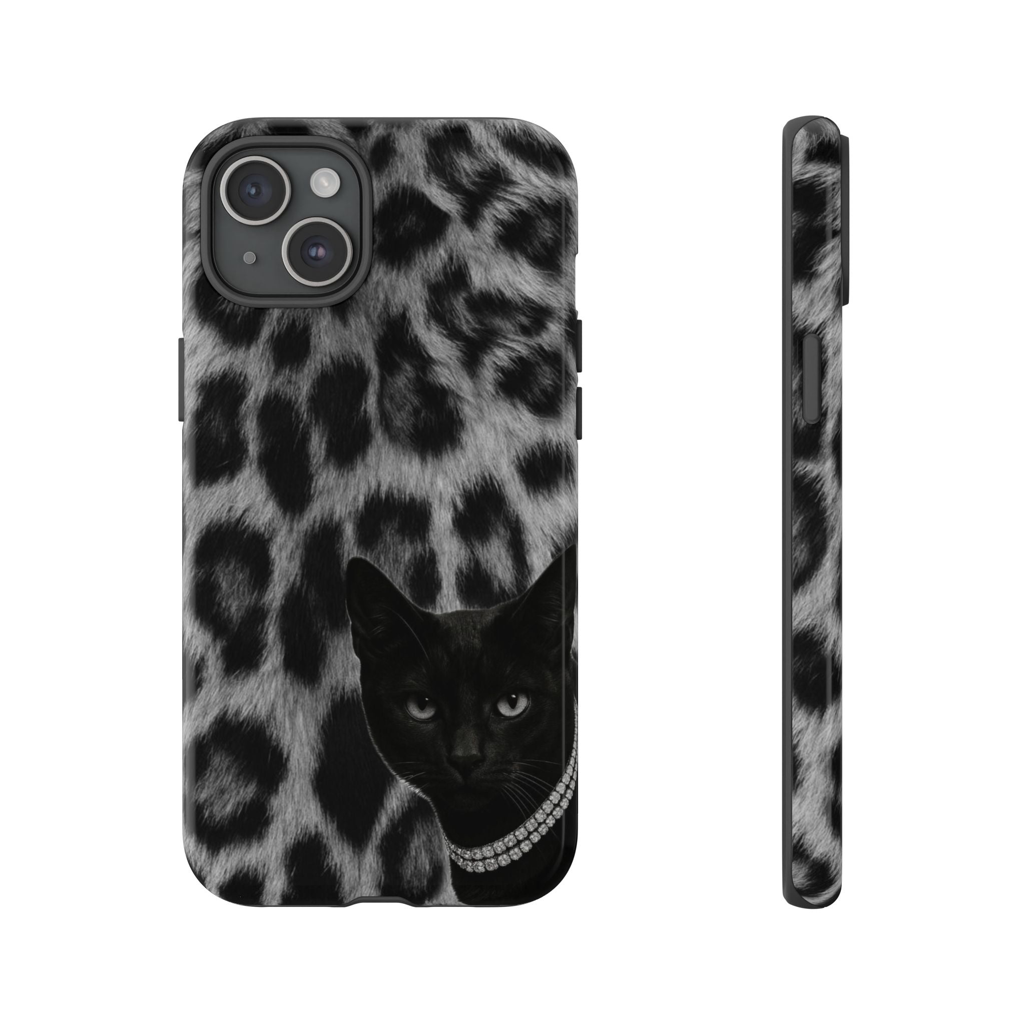 Cat Leopard Phone Case — Black Cat with Pearl Necklace, Chic Animal Print Protective Cover