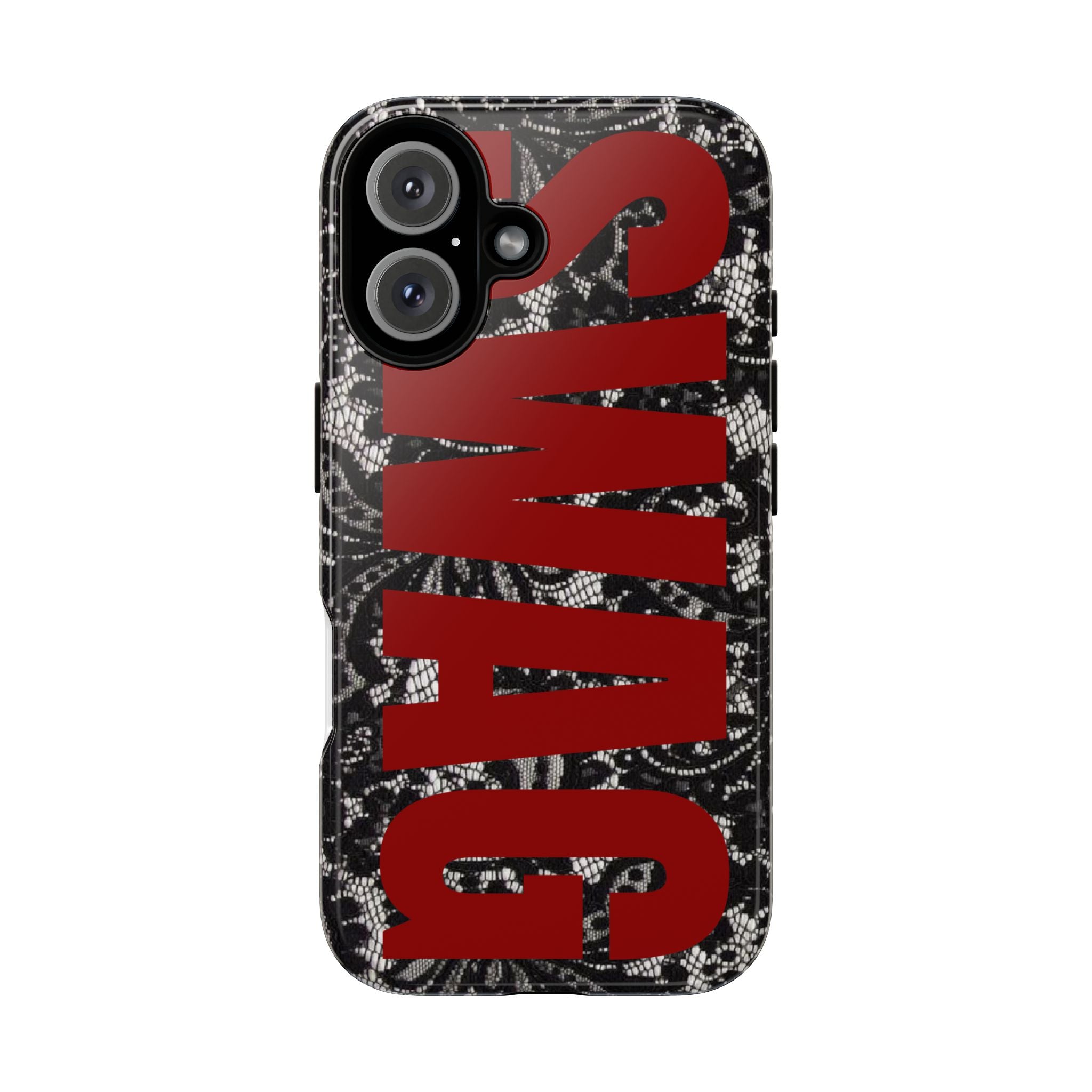 Phone Case — Black Lace Pattern with Bold Red SWAG Text
