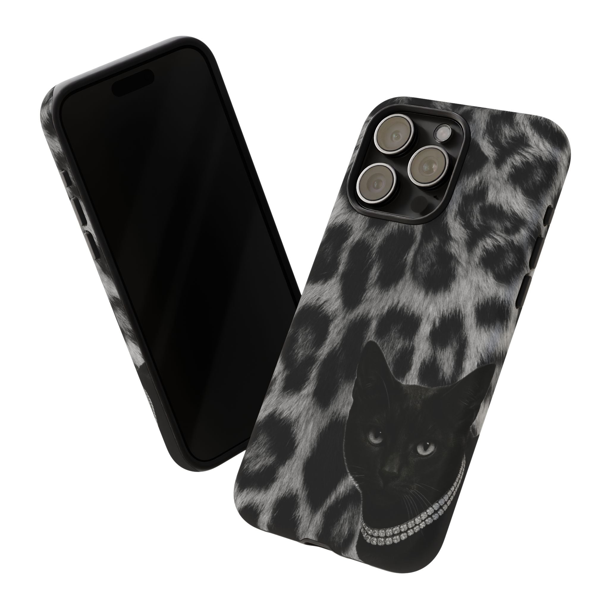 Cat Leopard Phone Case — Black Cat with Pearl Necklace, Chic Animal Print Protective Cover