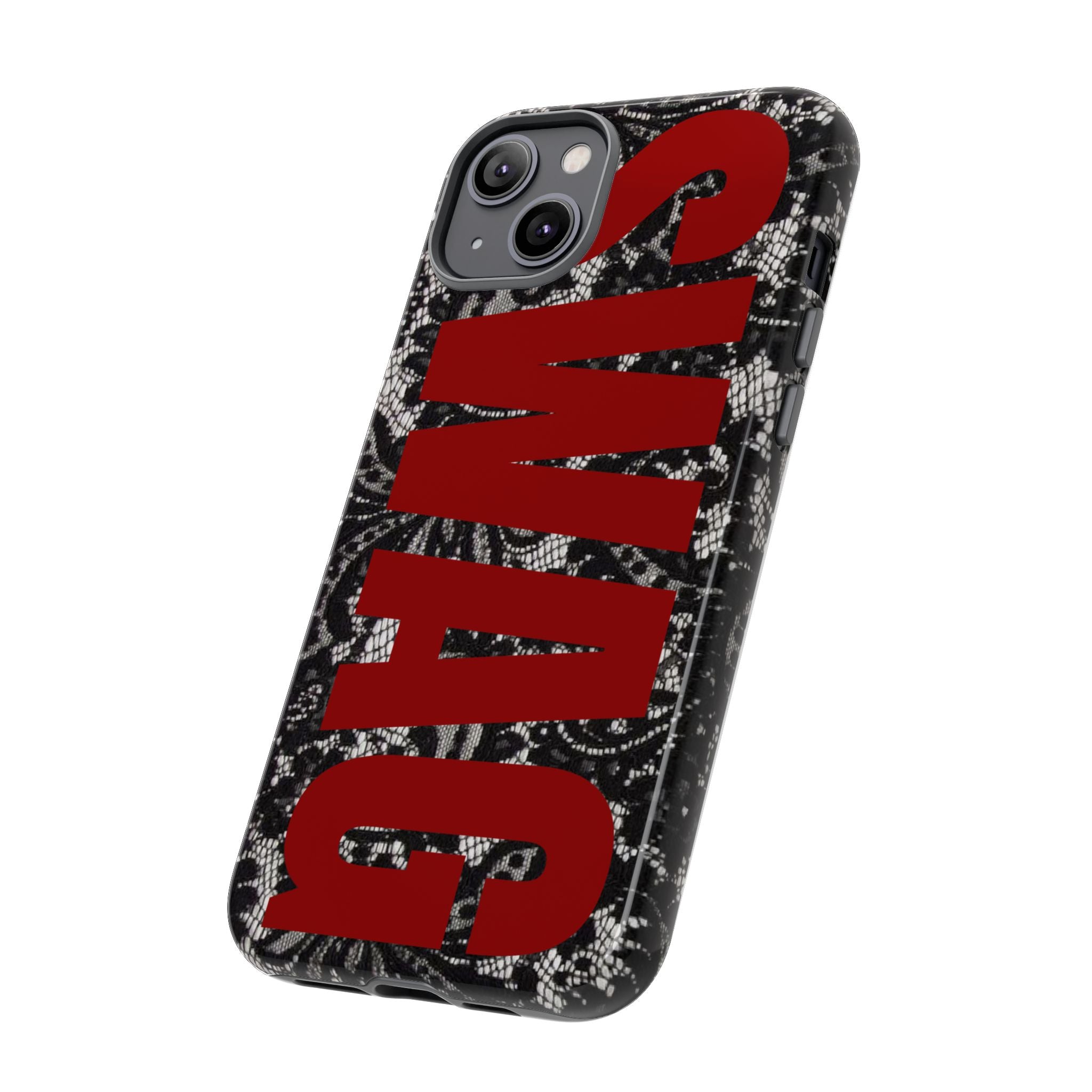 Phone Case — Black Lace Pattern with Bold Red SWAG Text