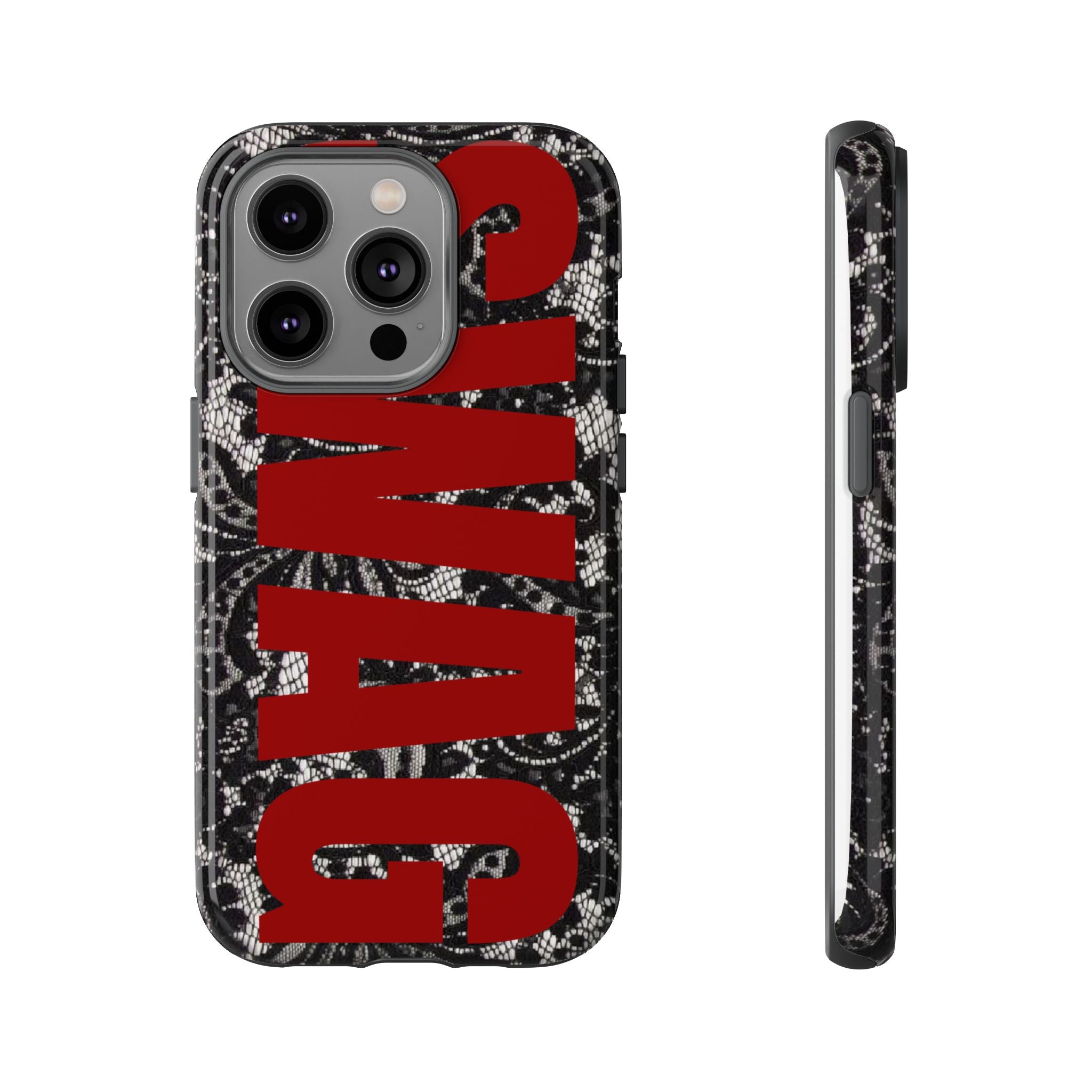 Phone Case — Black Lace Pattern with Bold Red SWAG Text