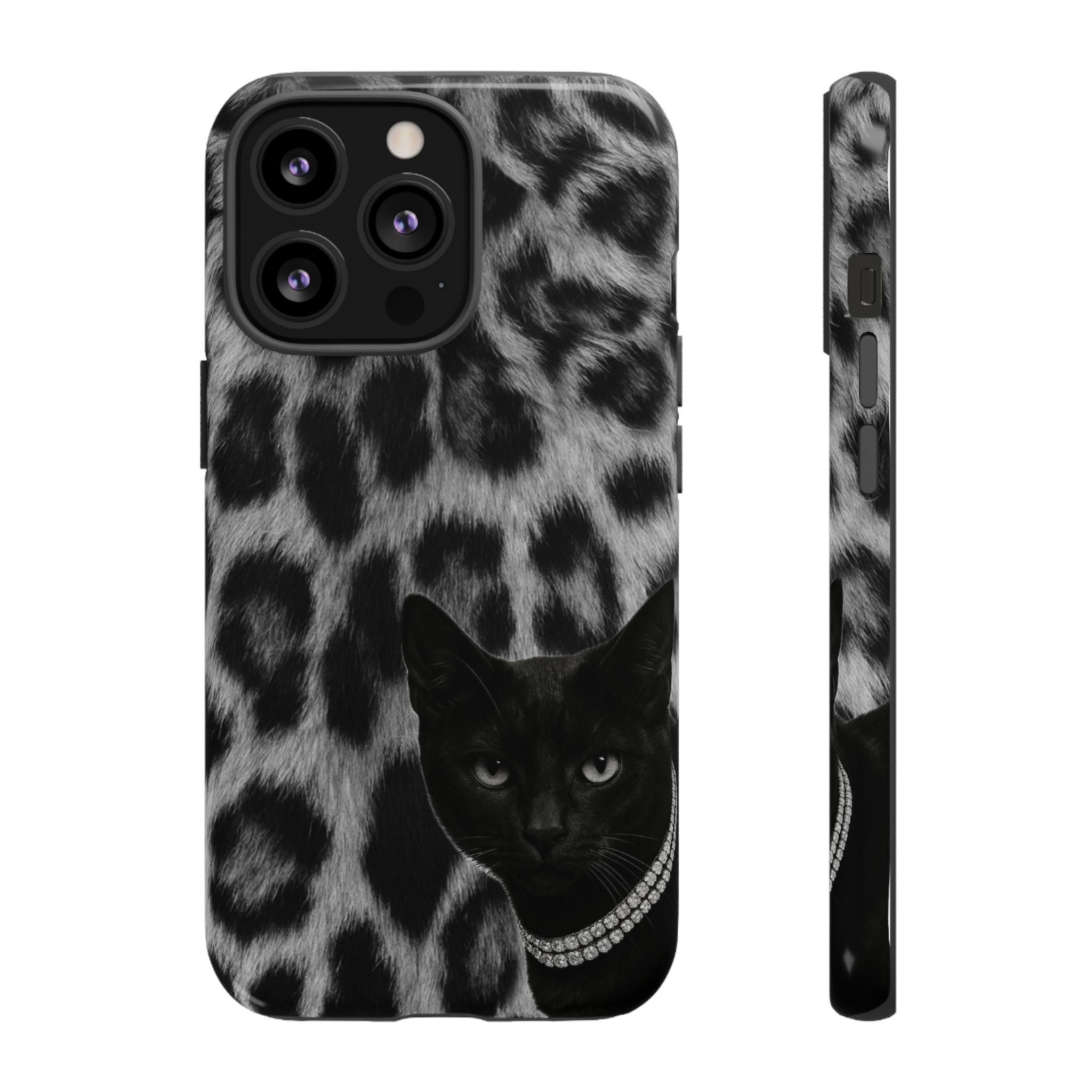 Cat Leopard Phone Case — Black Cat with Pearl Necklace, Chic Animal Print Protective Cover