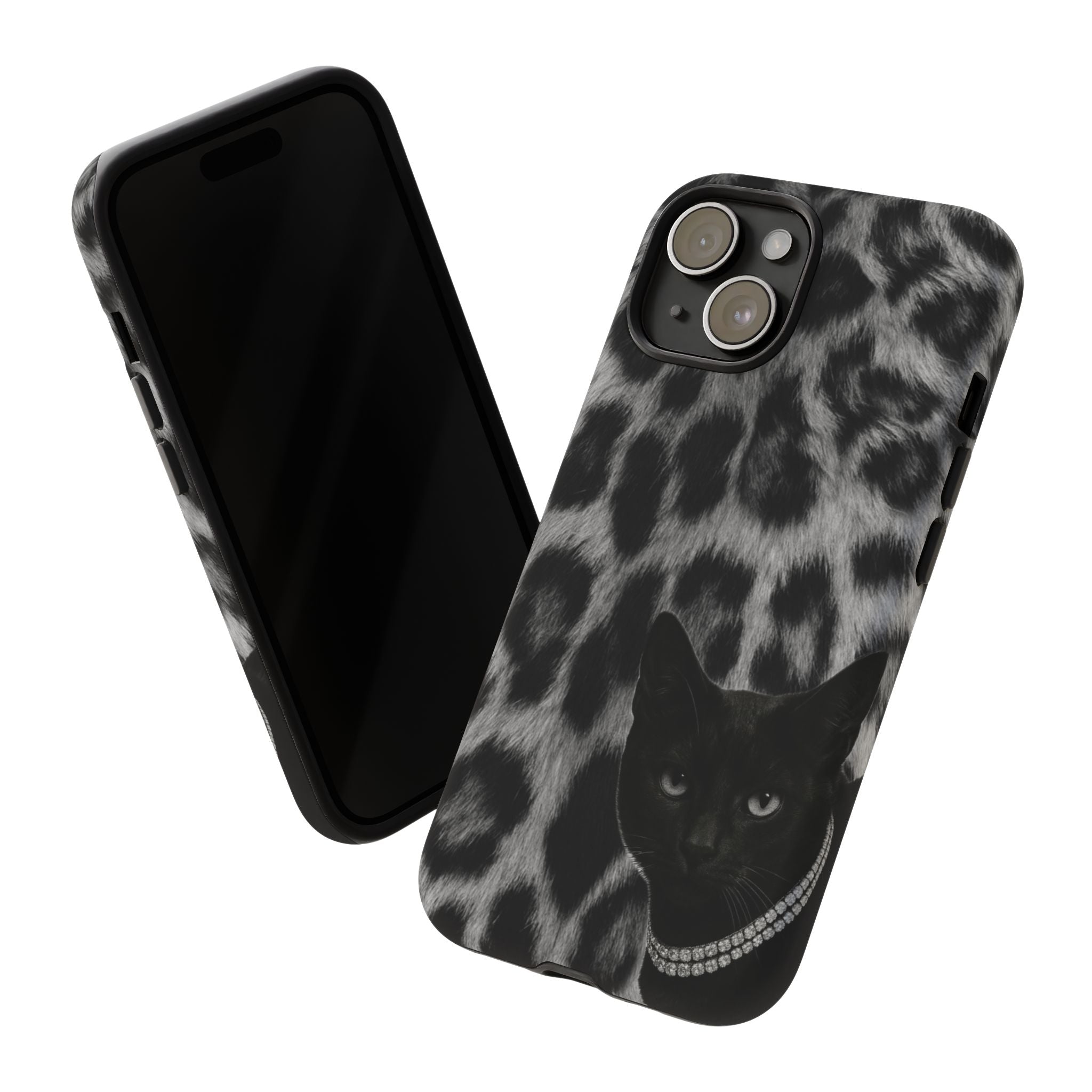 Cat Leopard Phone Case — Black Cat with Pearl Necklace, Chic Animal Print Protective Cover
