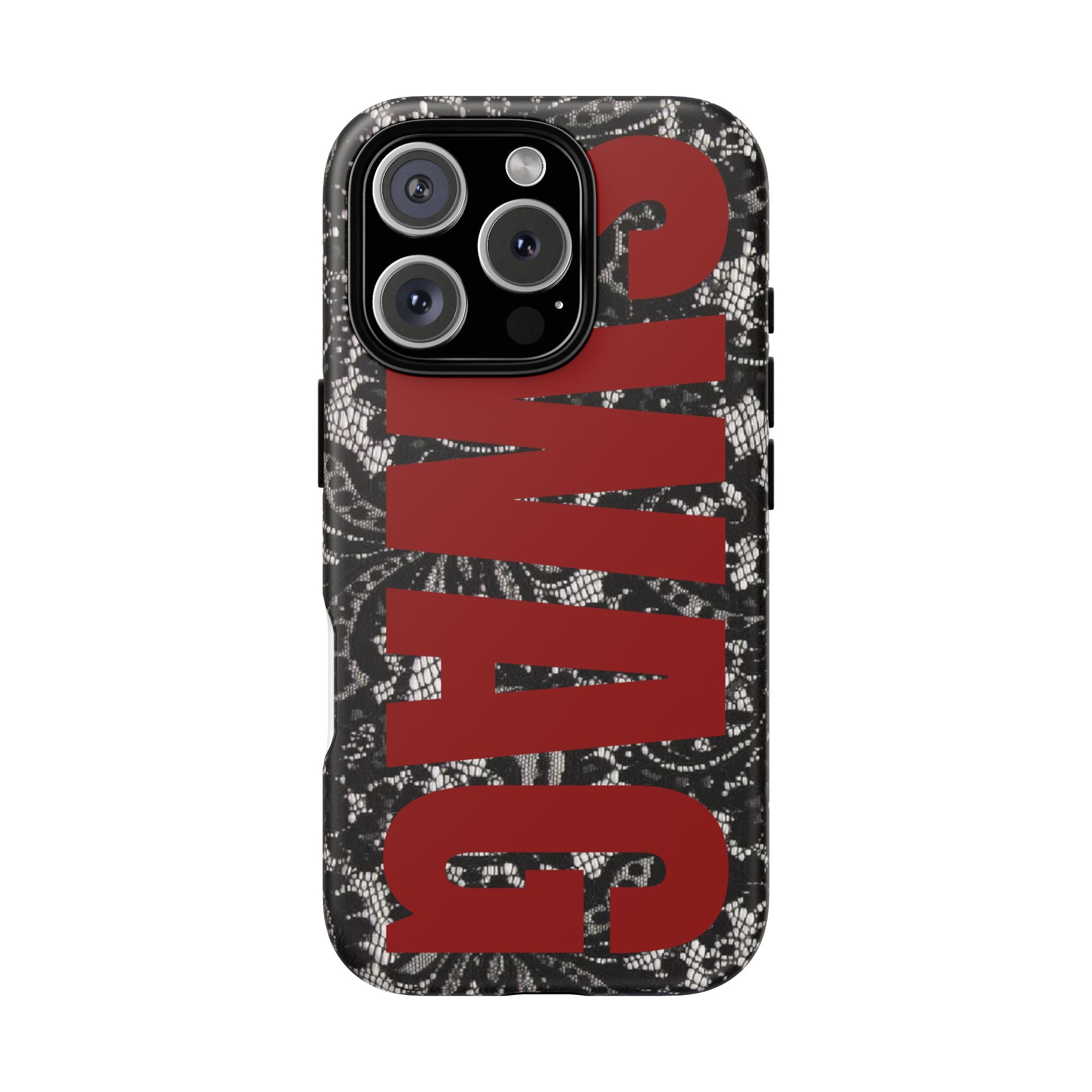 Phone Case — Black Lace Pattern with Bold Red SWAG Text