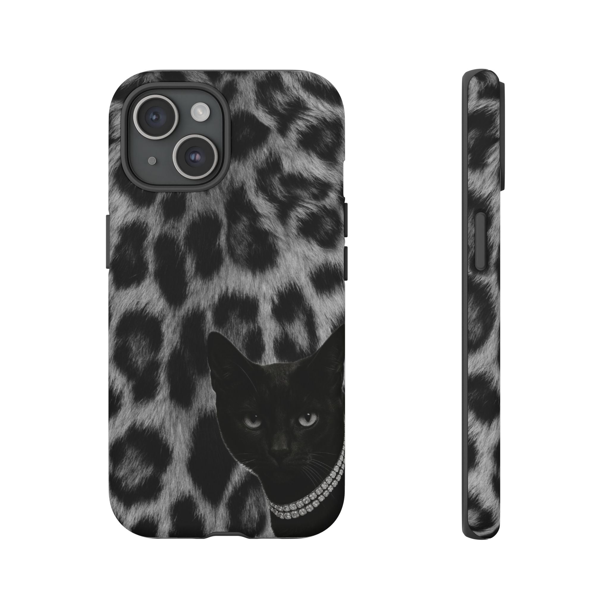 Cat Leopard Phone Case — Black Cat with Pearl Necklace, Chic Animal Print Protective Cover