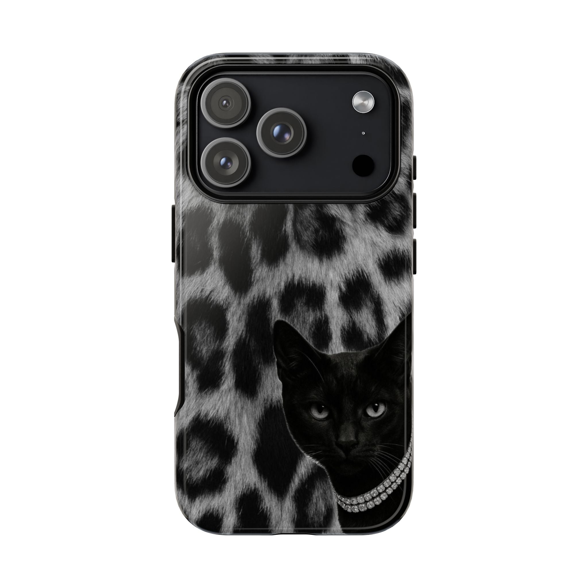 Cat Leopard Phone Case — Black Cat with Pearl Necklace, Chic Animal Print Protective Cover