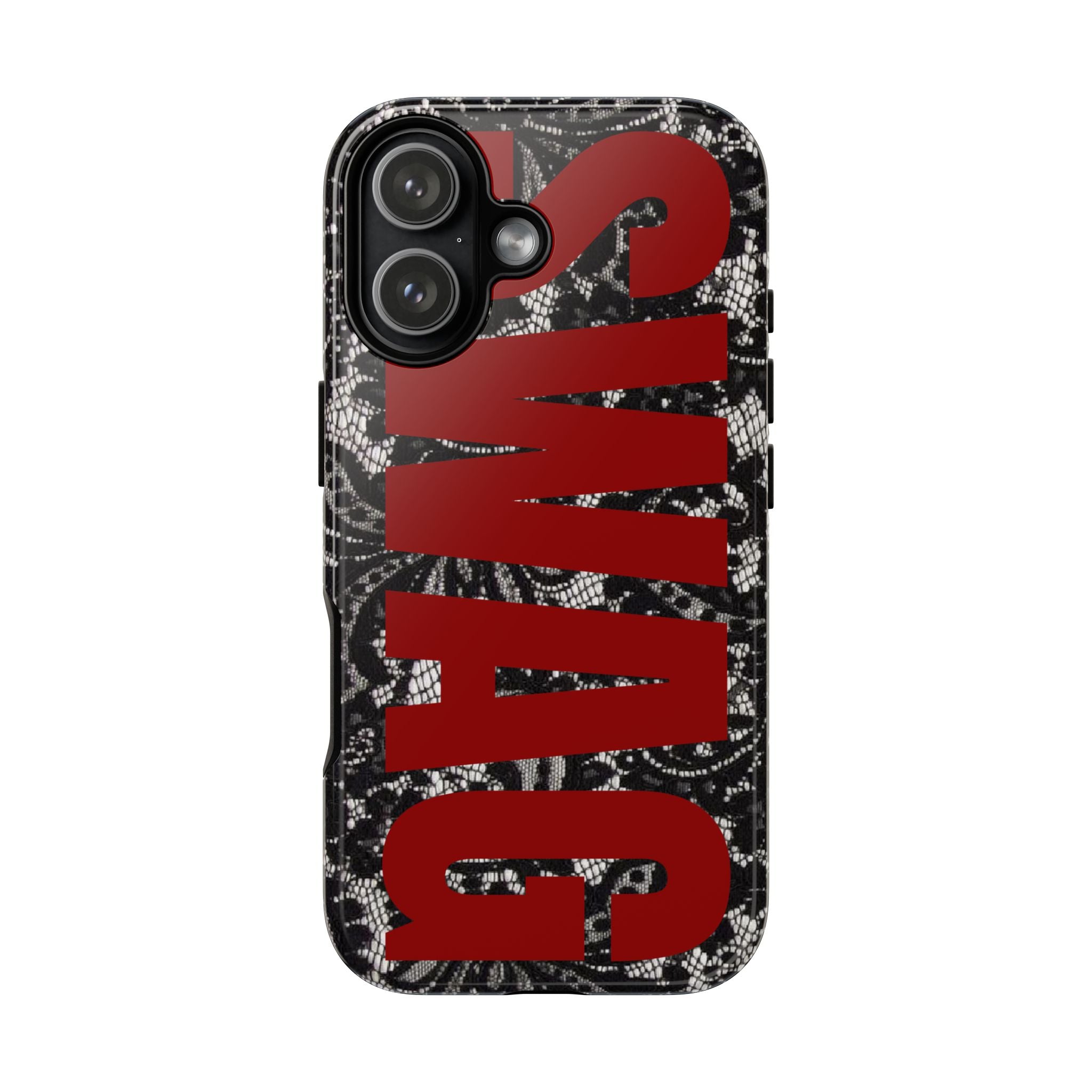 Phone Case — Black Lace Pattern with Bold Red SWAG Text