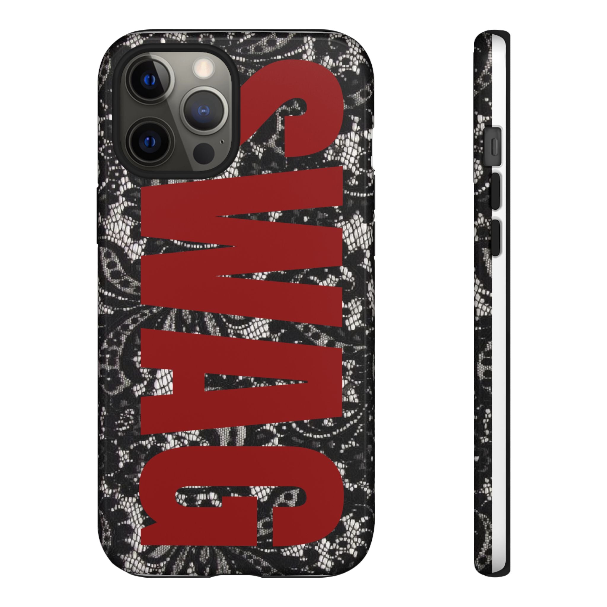 Phone Case — Black Lace Pattern with Bold Red SWAG Text