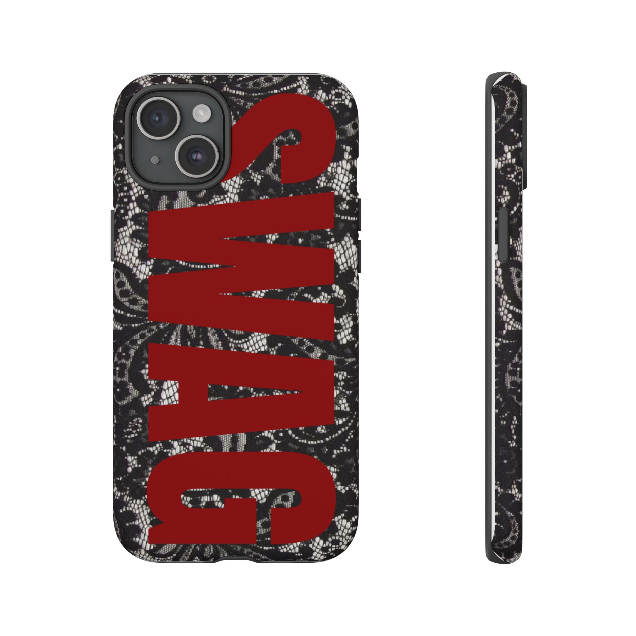 Phone Case — Black Lace Pattern with Bold Red SWAG Text