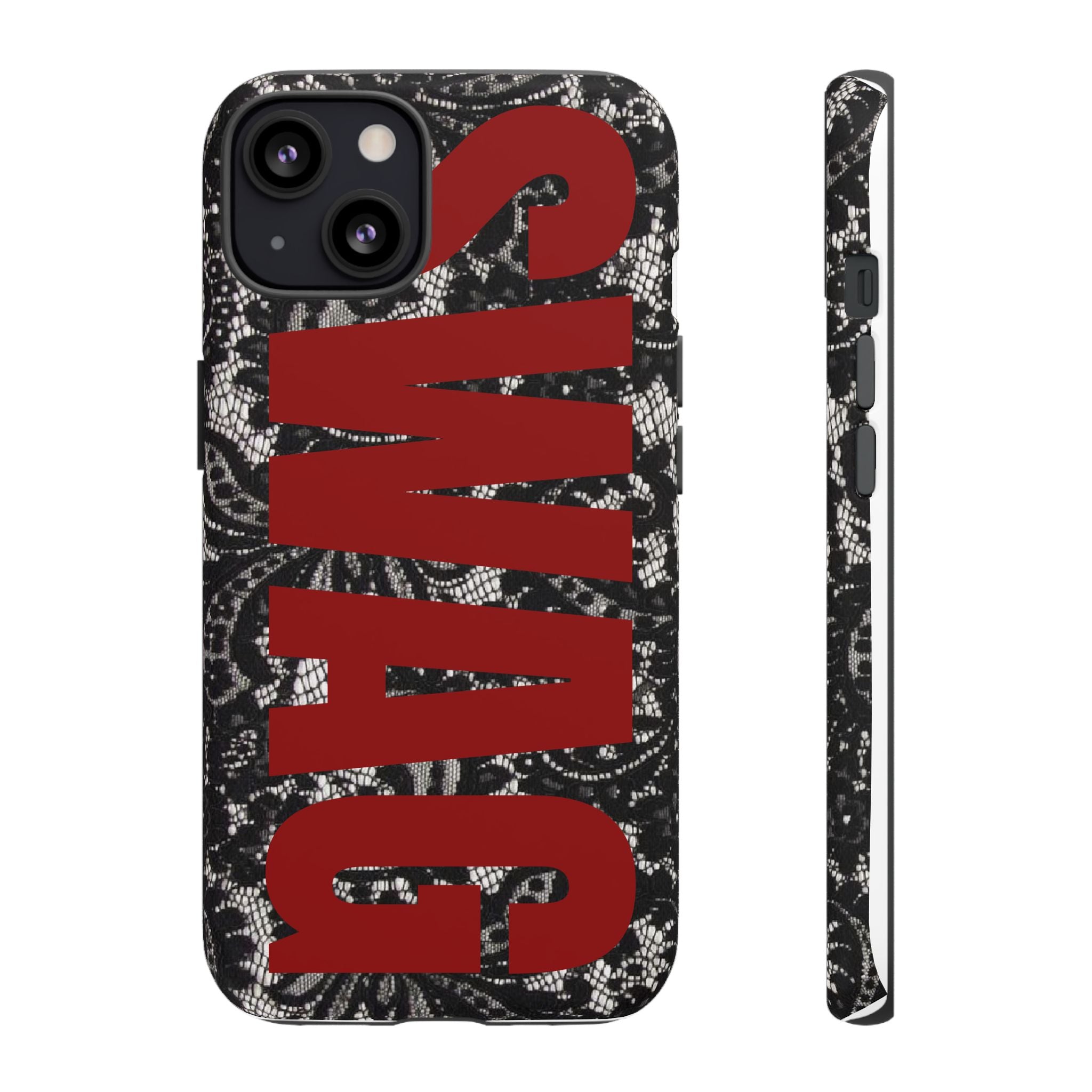 Phone Case — Black Lace Pattern with Bold Red SWAG Text