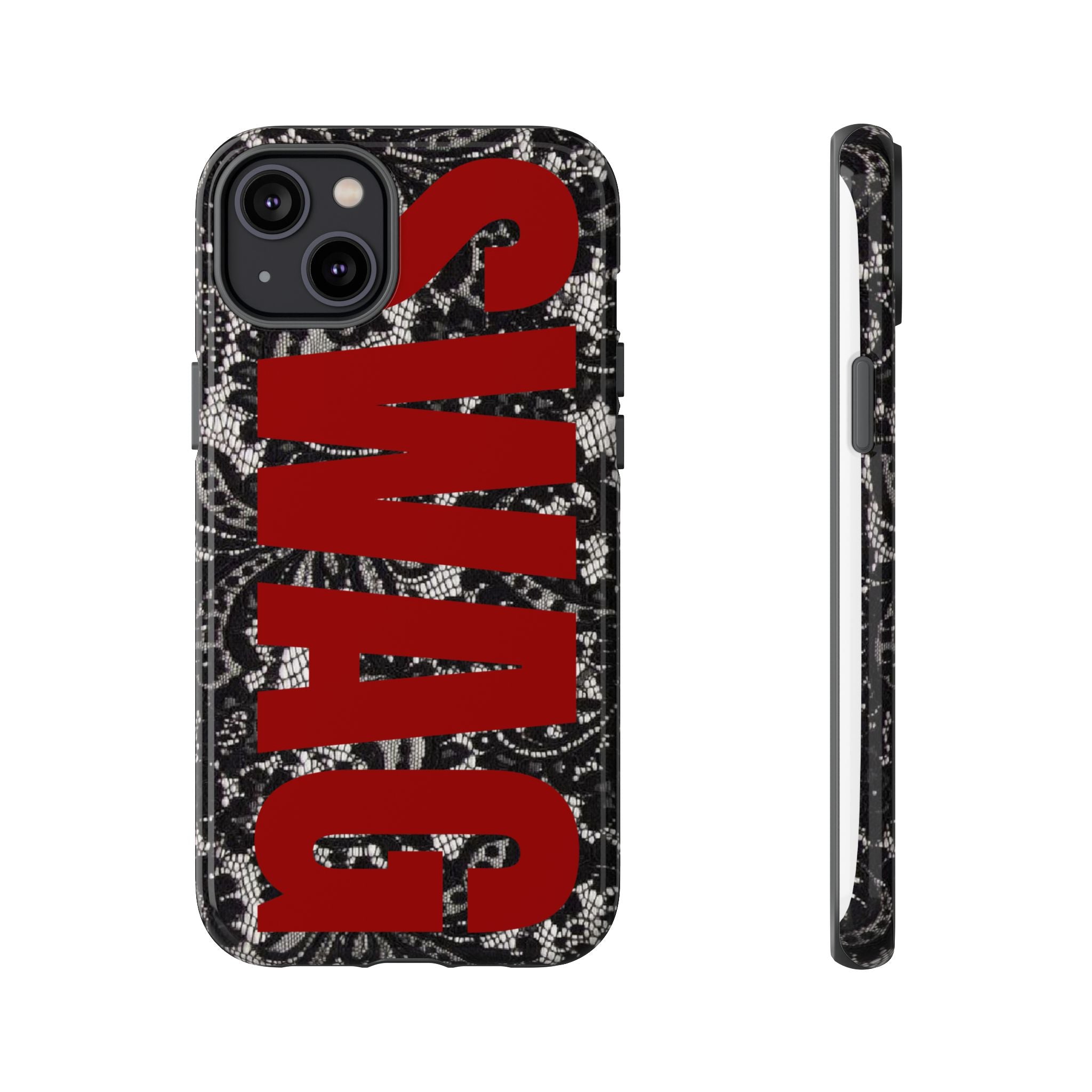 Phone Case — Black Lace Pattern with Bold Red SWAG Text