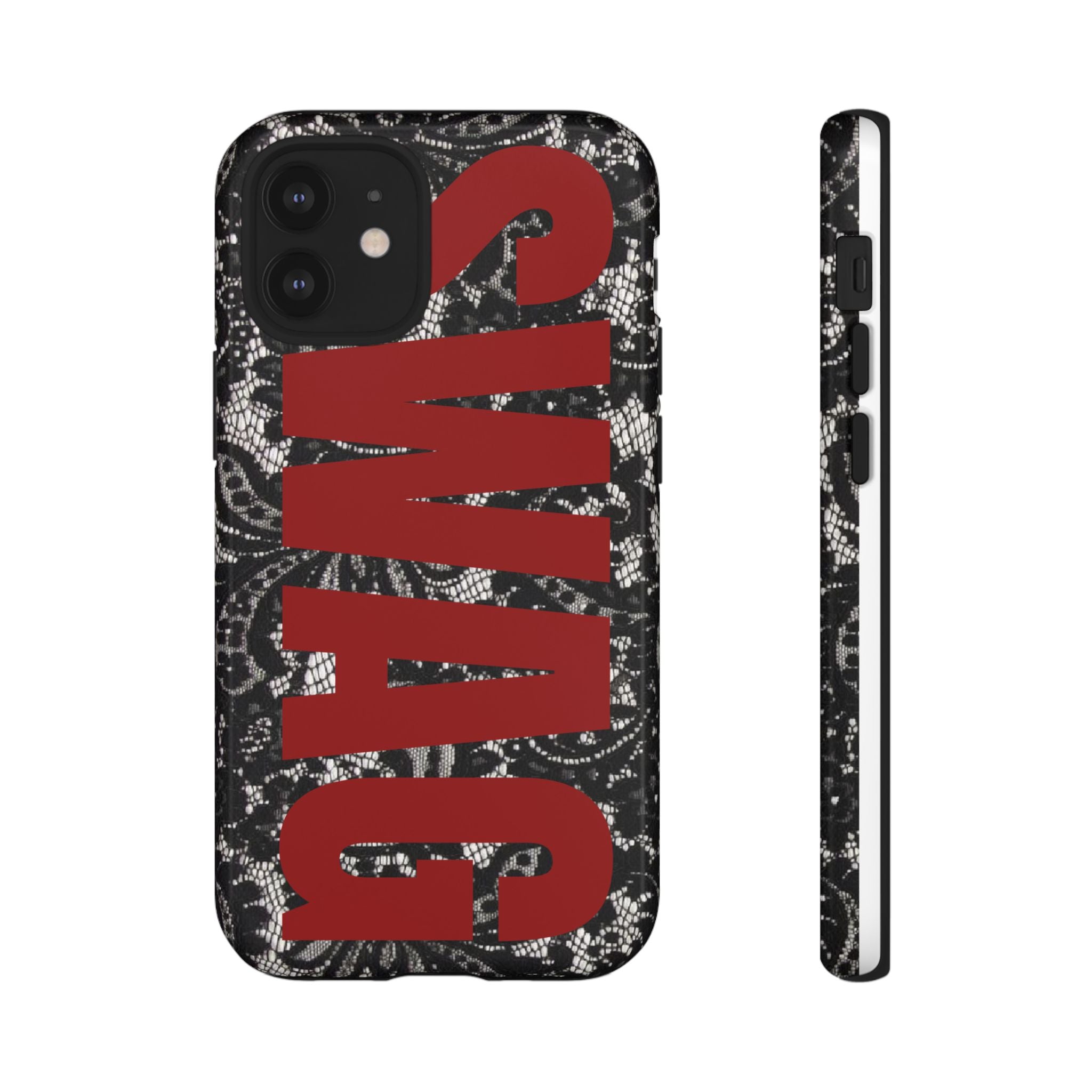 Phone Case — Black Lace Pattern with Bold Red SWAG Text