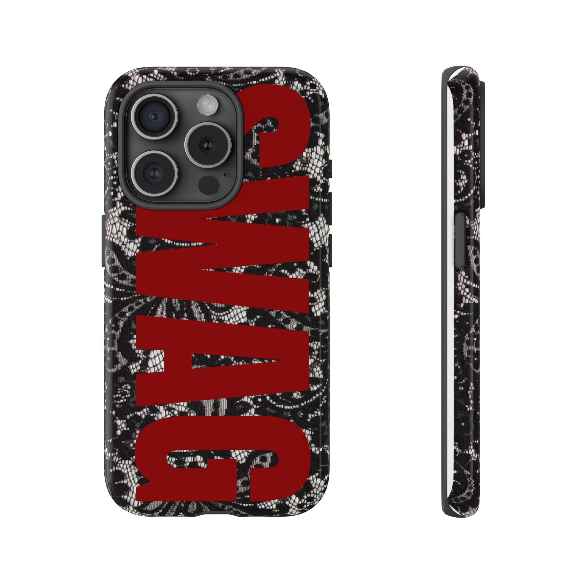 Phone Case — Black Lace Pattern with Bold Red SWAG Text