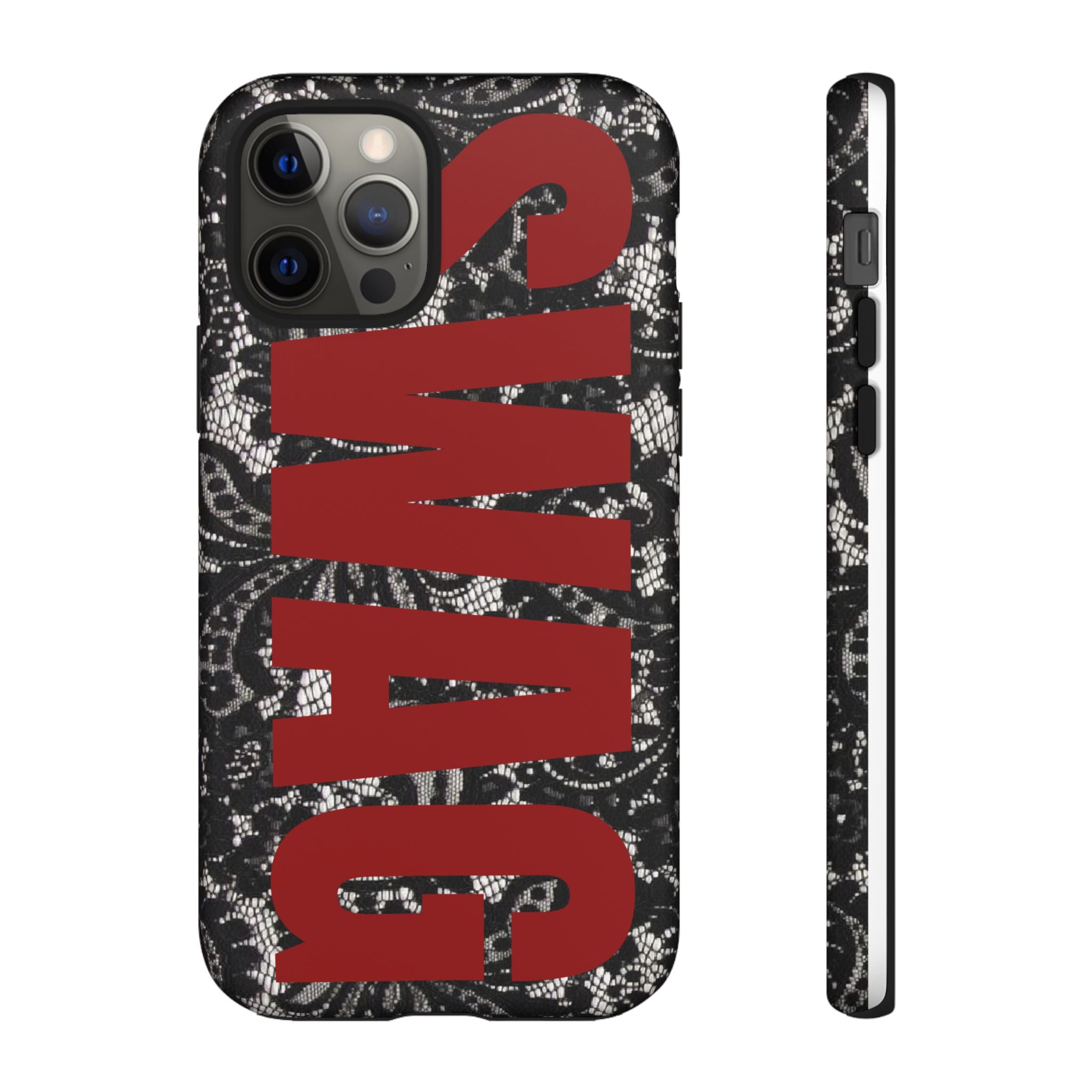 Phone Case — Black Lace Pattern with Bold Red SWAG Text