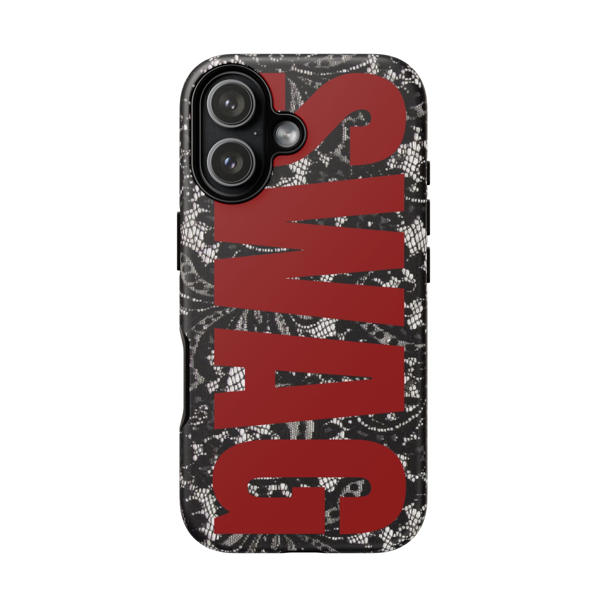 Phone Case — Black Lace Pattern with Bold Red SWAG Text