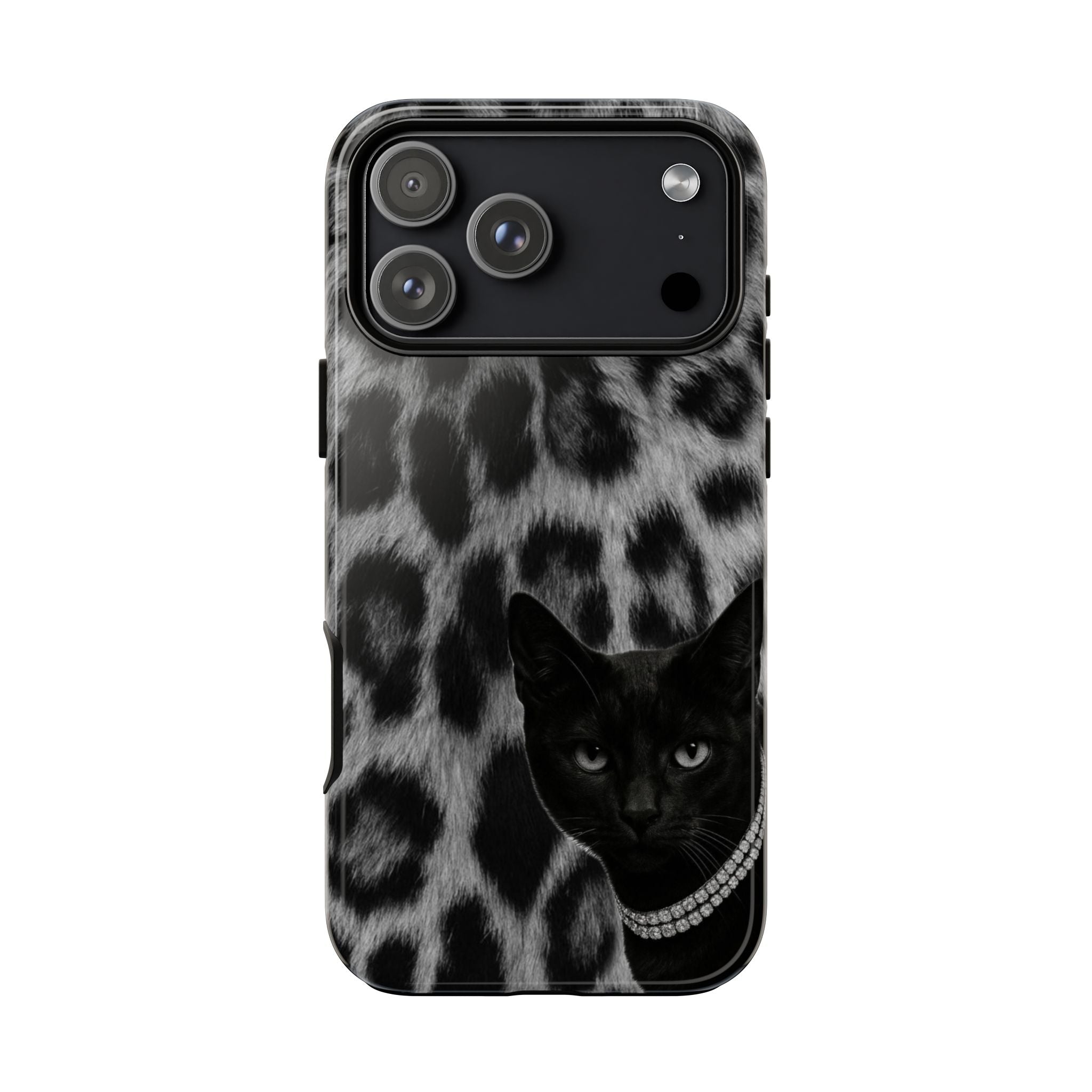 Cat Leopard Phone Case — Black Cat with Pearl Necklace, Chic Animal Print Protective Cover