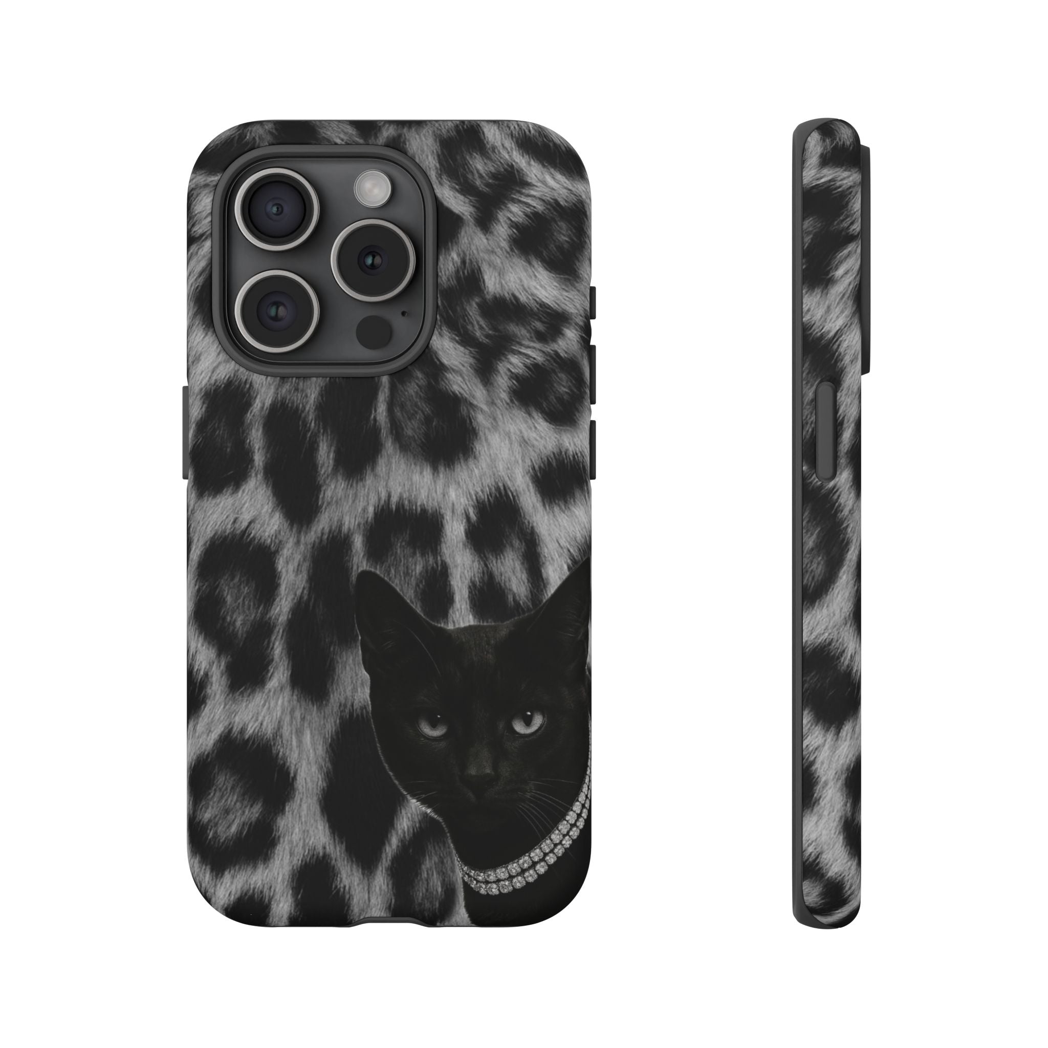 Cat Leopard Phone Case — Black Cat with Pearl Necklace, Chic Animal Print Protective Cover