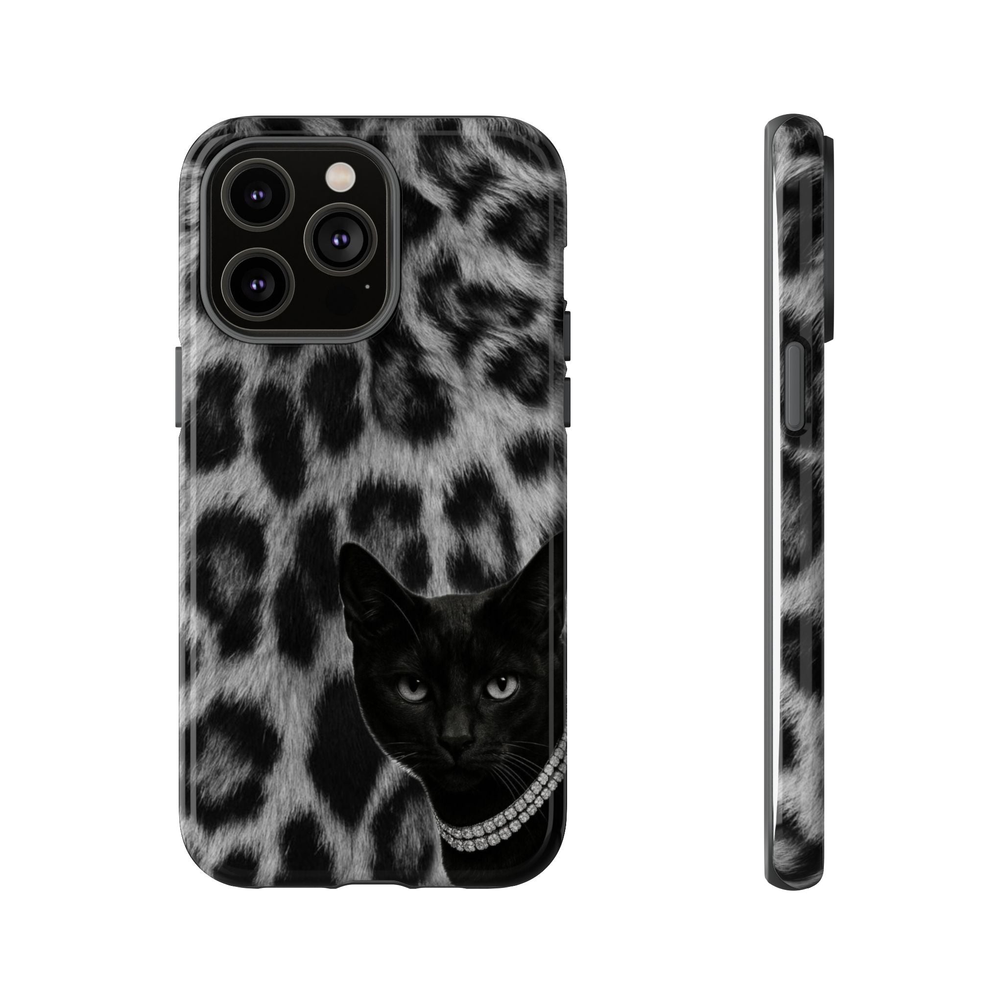 Cat Leopard Phone Case — Black Cat with Pearl Necklace, Chic Animal Print Protective Cover