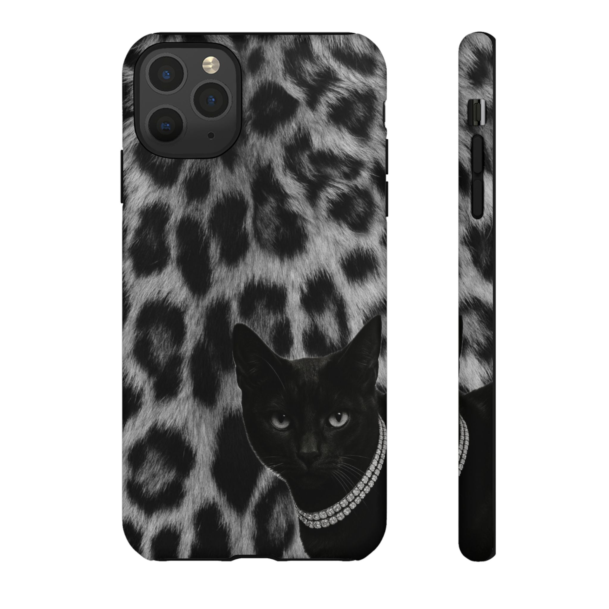 Cat Leopard Phone Case — Black Cat with Pearl Necklace, Chic Animal Print Protective Cover