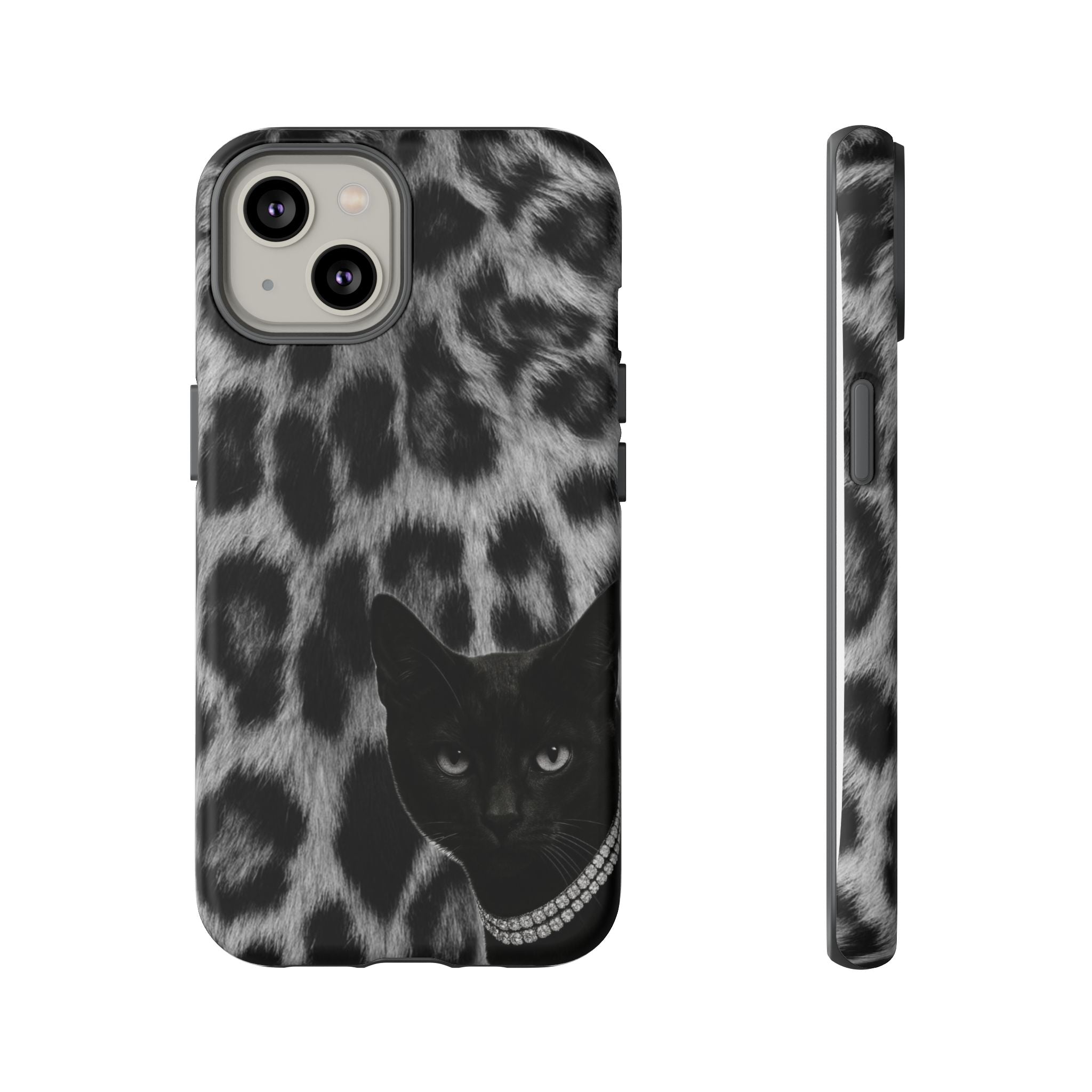Cat Leopard Phone Case — Black Cat with Pearl Necklace, Chic Animal Print Protective Cover