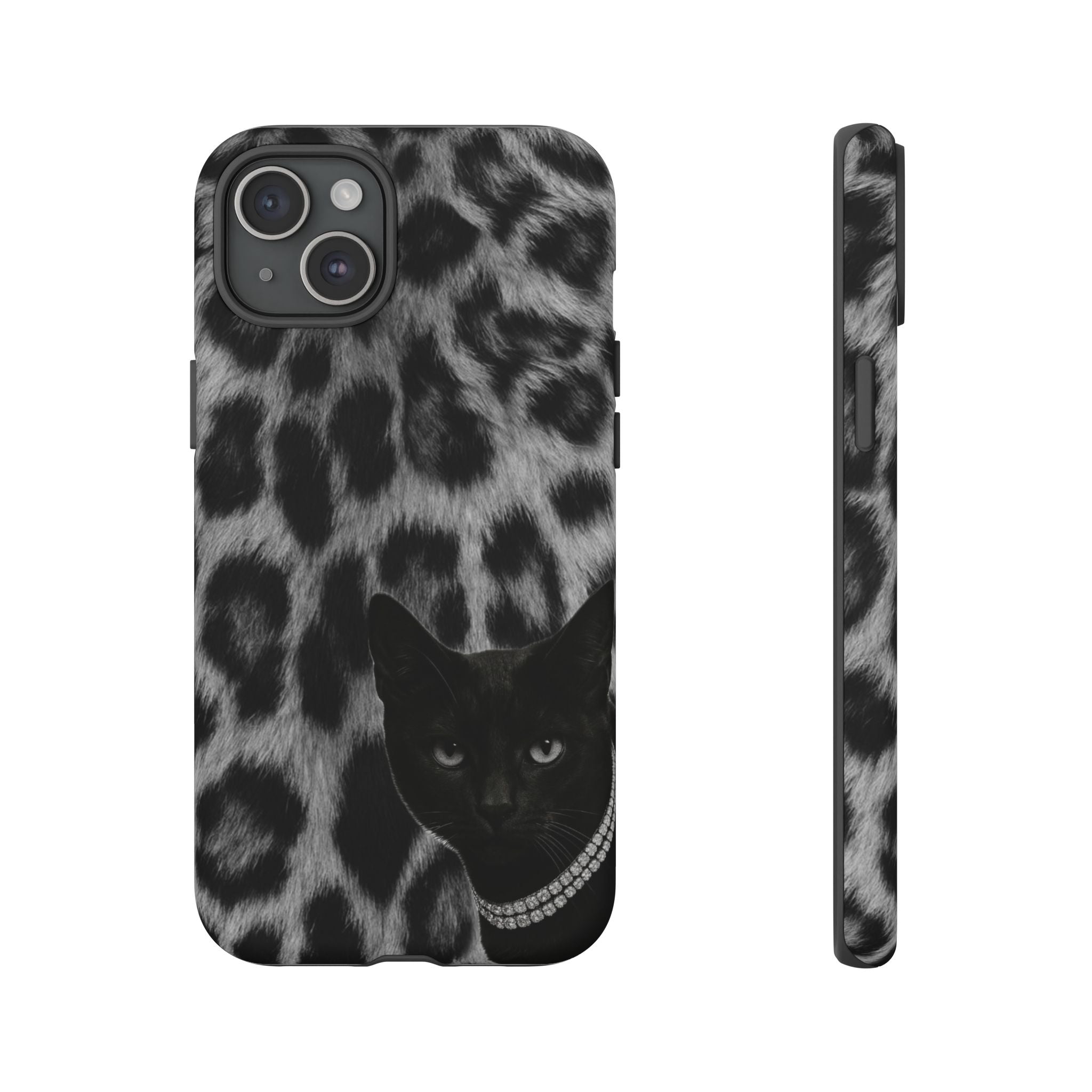 Cat Leopard Phone Case — Black Cat with Pearl Necklace, Chic Animal Print Protective Cover