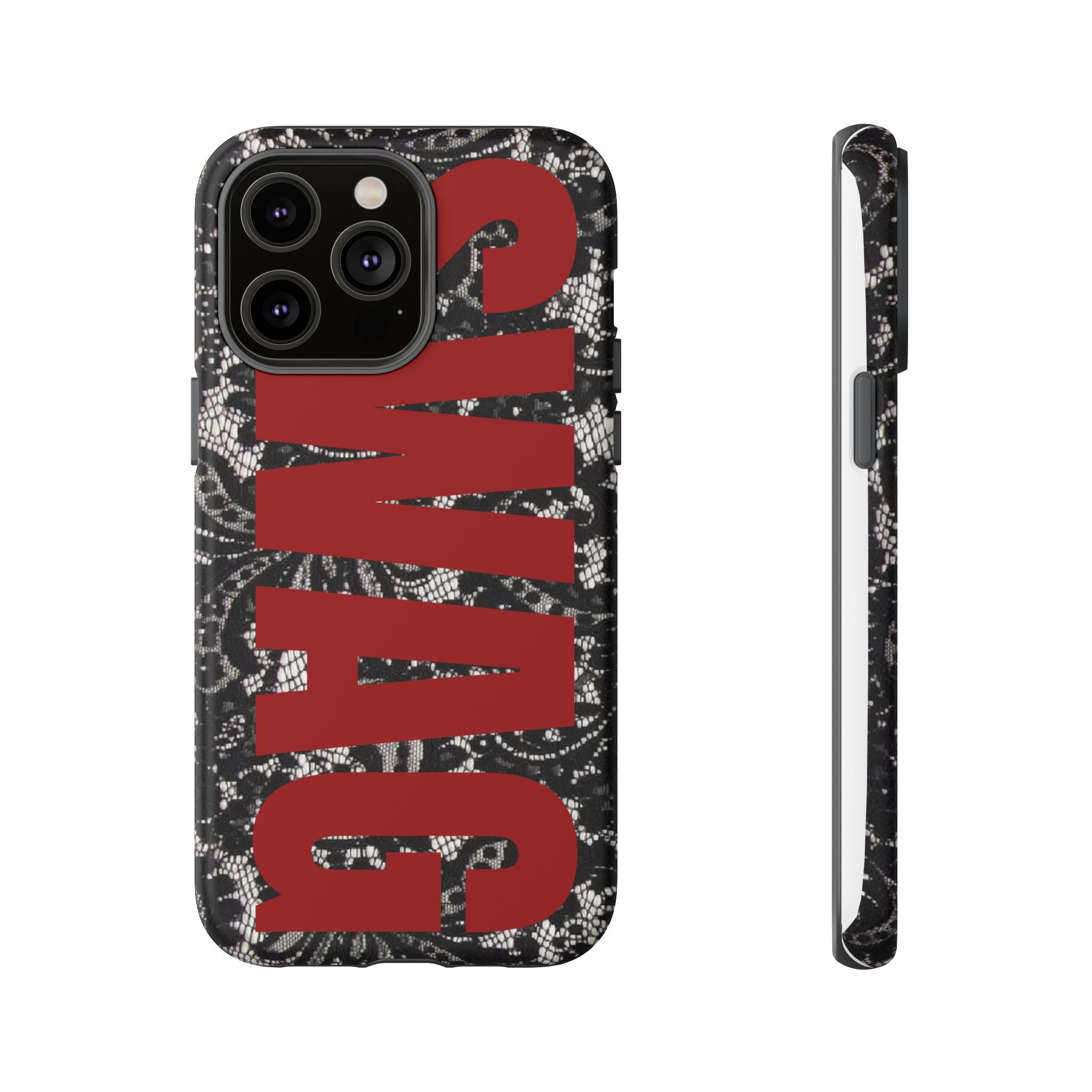 Phone Case — Black Lace Pattern with Bold Red SWAG Text