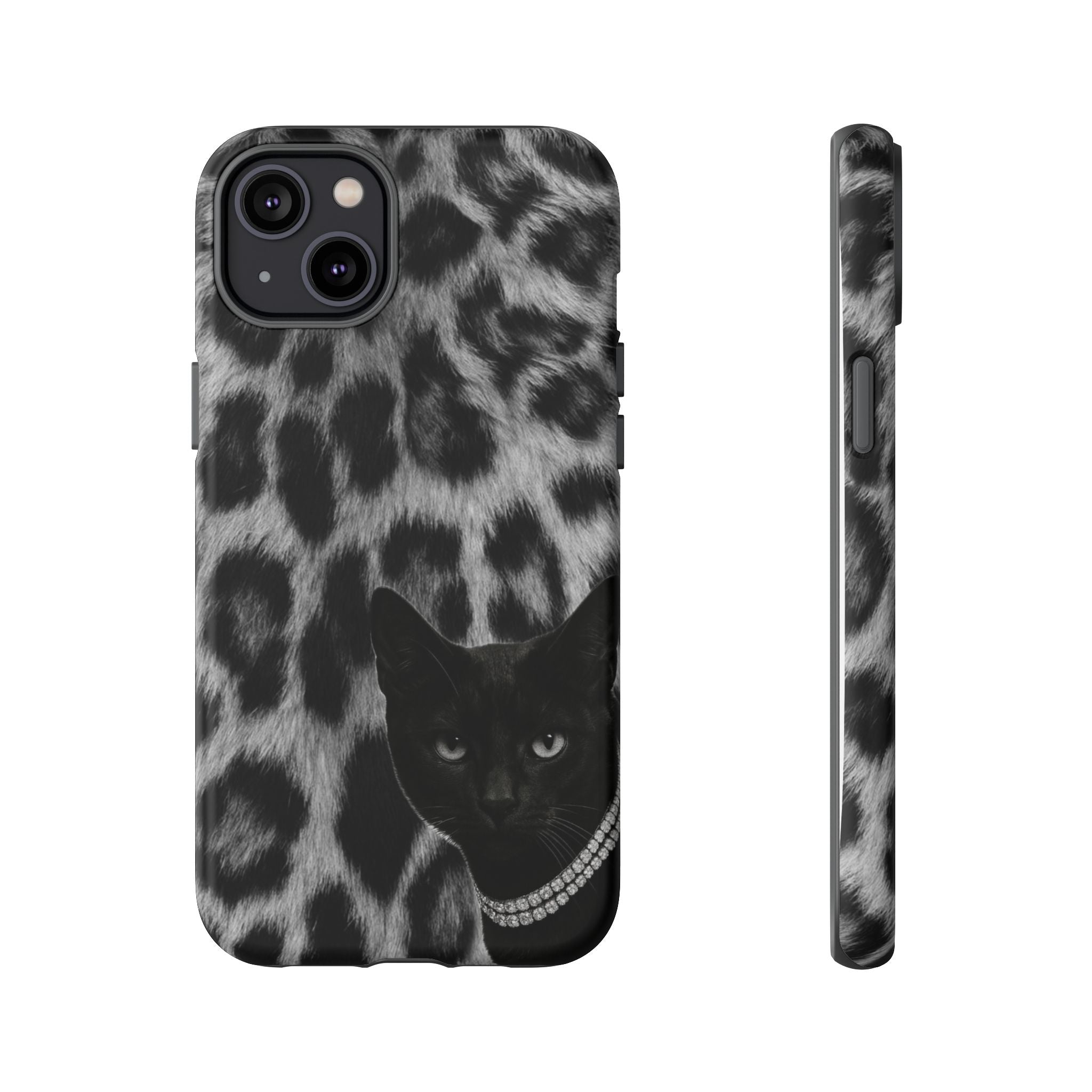 Cat Leopard Phone Case — Black Cat with Pearl Necklace, Chic Animal Print Protective Cover