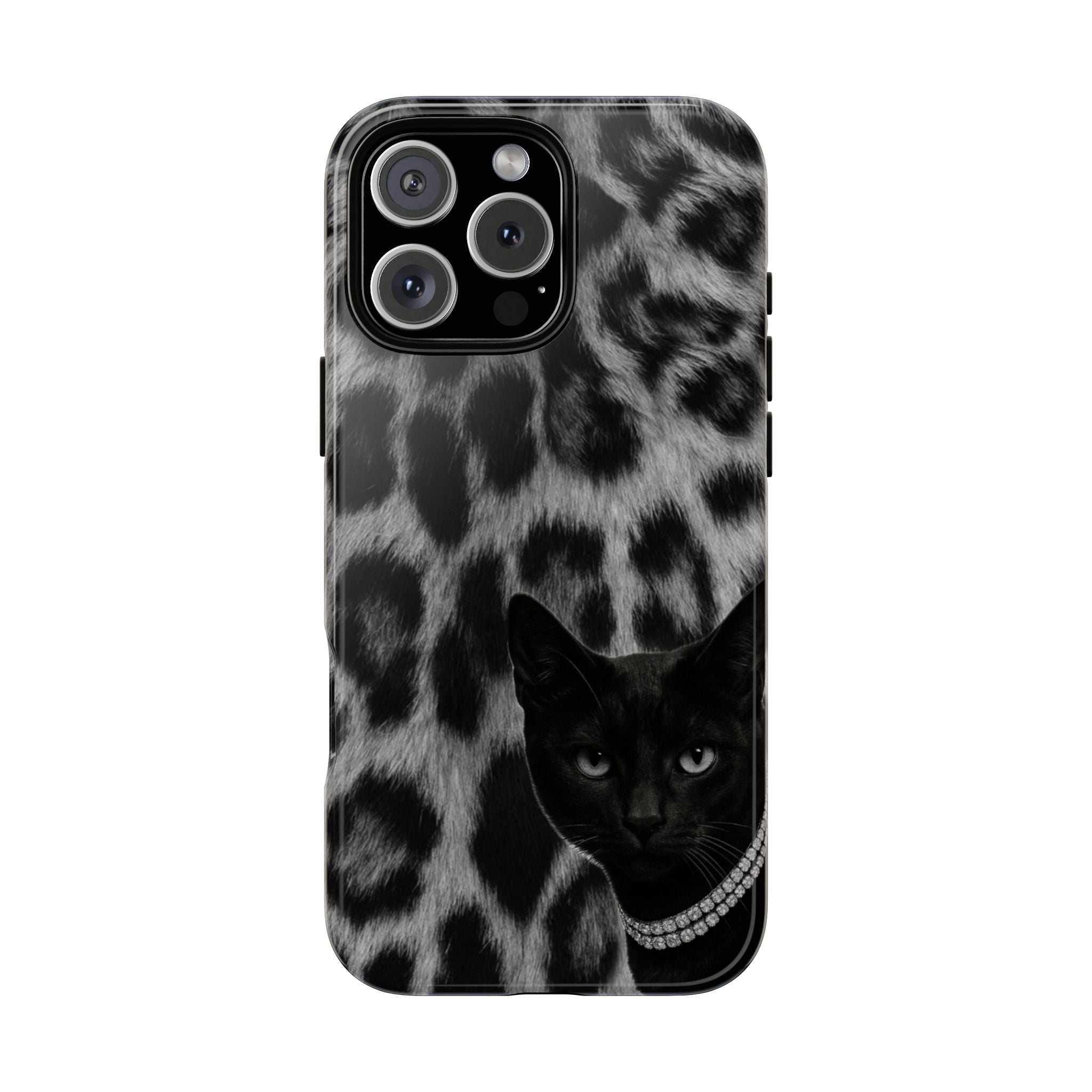 Cat Leopard Phone Case — Black Cat with Pearl Necklace, Chic Animal Print Protective Cover