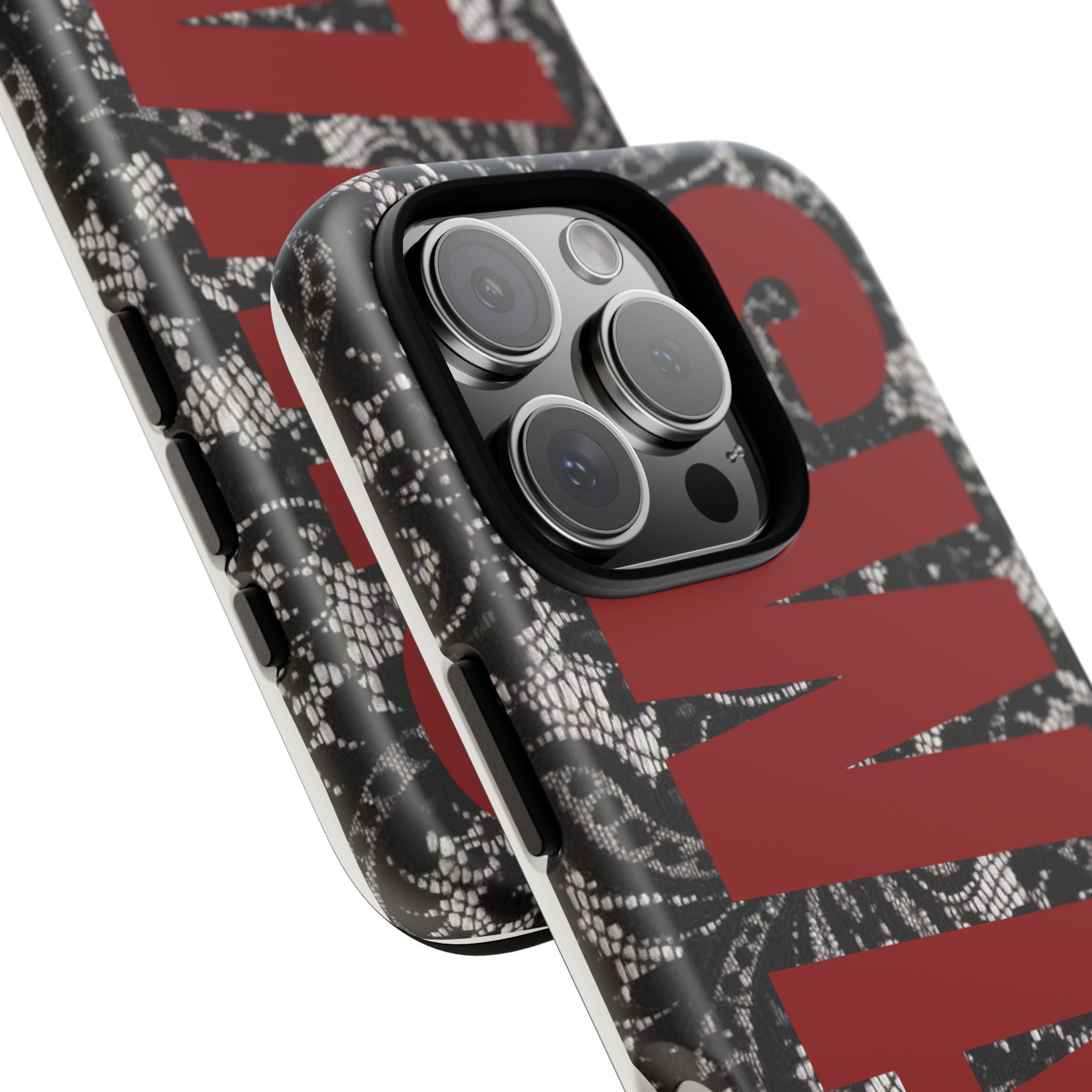 Phone Case — Black Lace Pattern with Bold Red SWAG Text