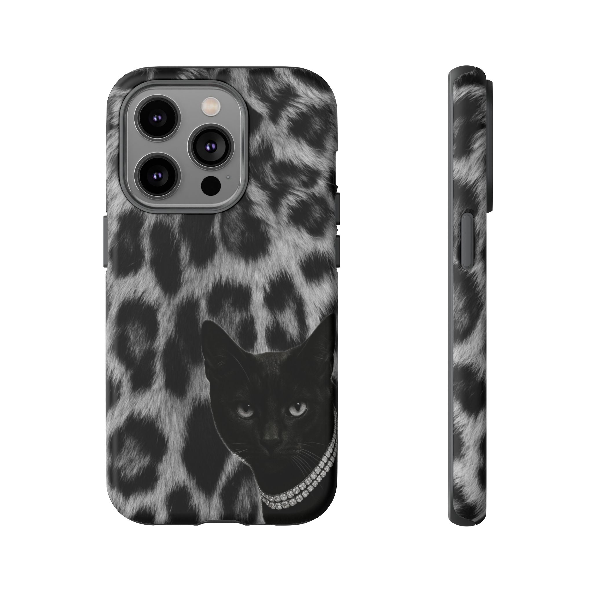 Cat Leopard Phone Case — Black Cat with Pearl Necklace, Chic Animal Print Protective Cover