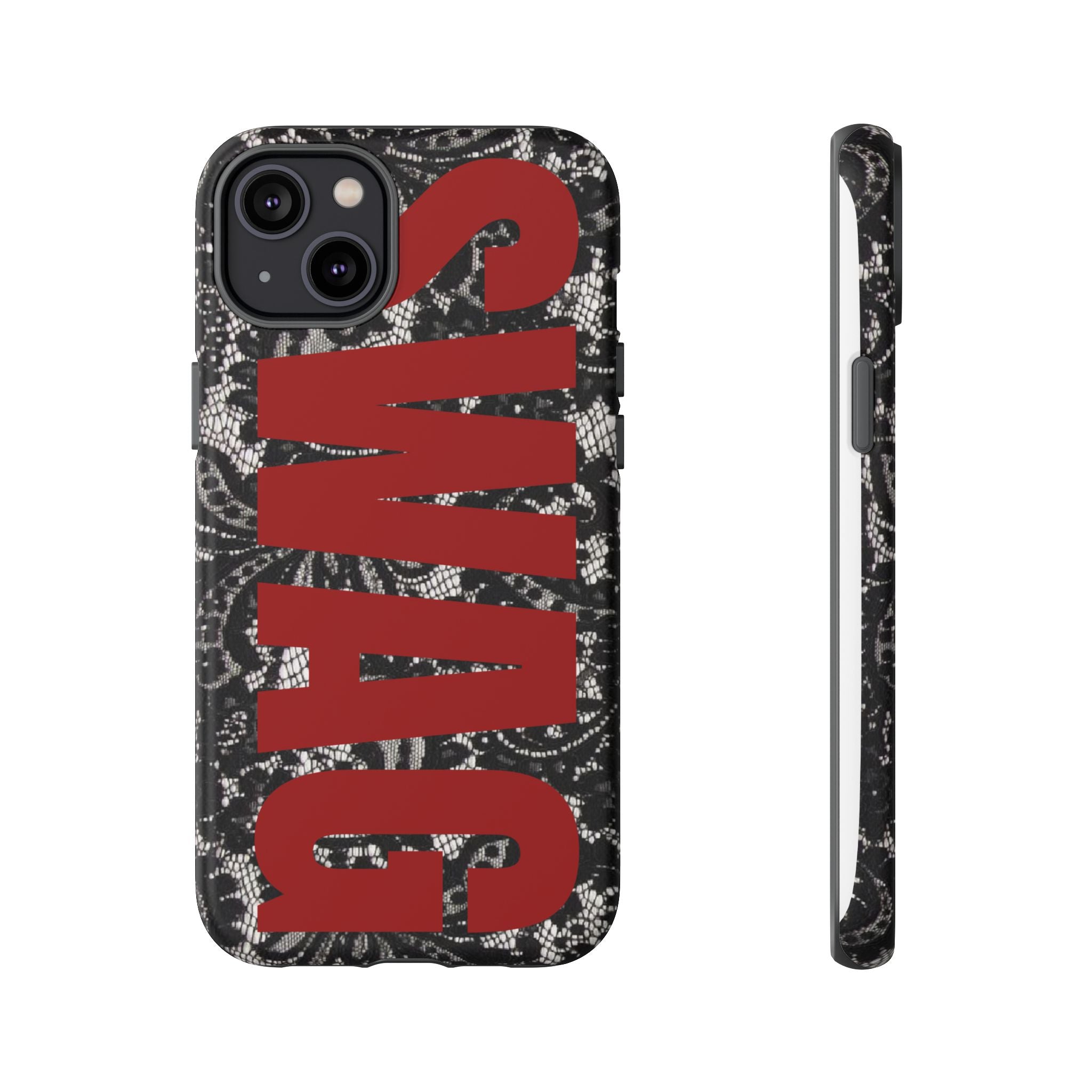 Phone Case — Black Lace Pattern with Bold Red SWAG Text