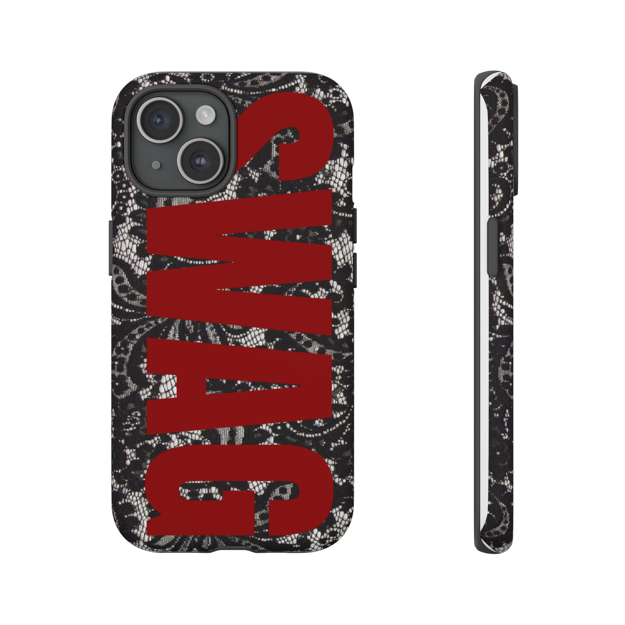 Phone Case — Black Lace Pattern with Bold Red SWAG Text