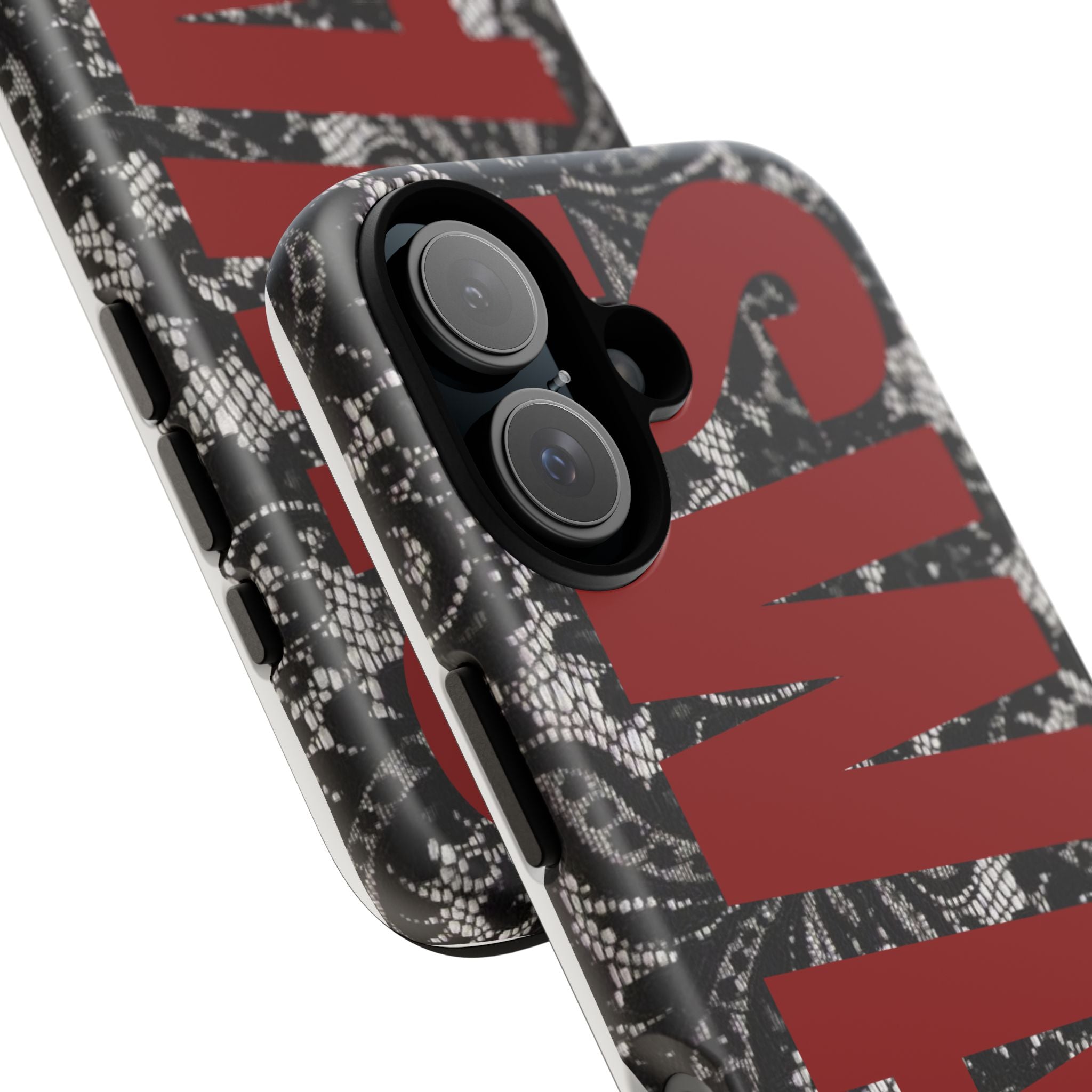 Phone Case — Black Lace Pattern with Bold Red SWAG Text