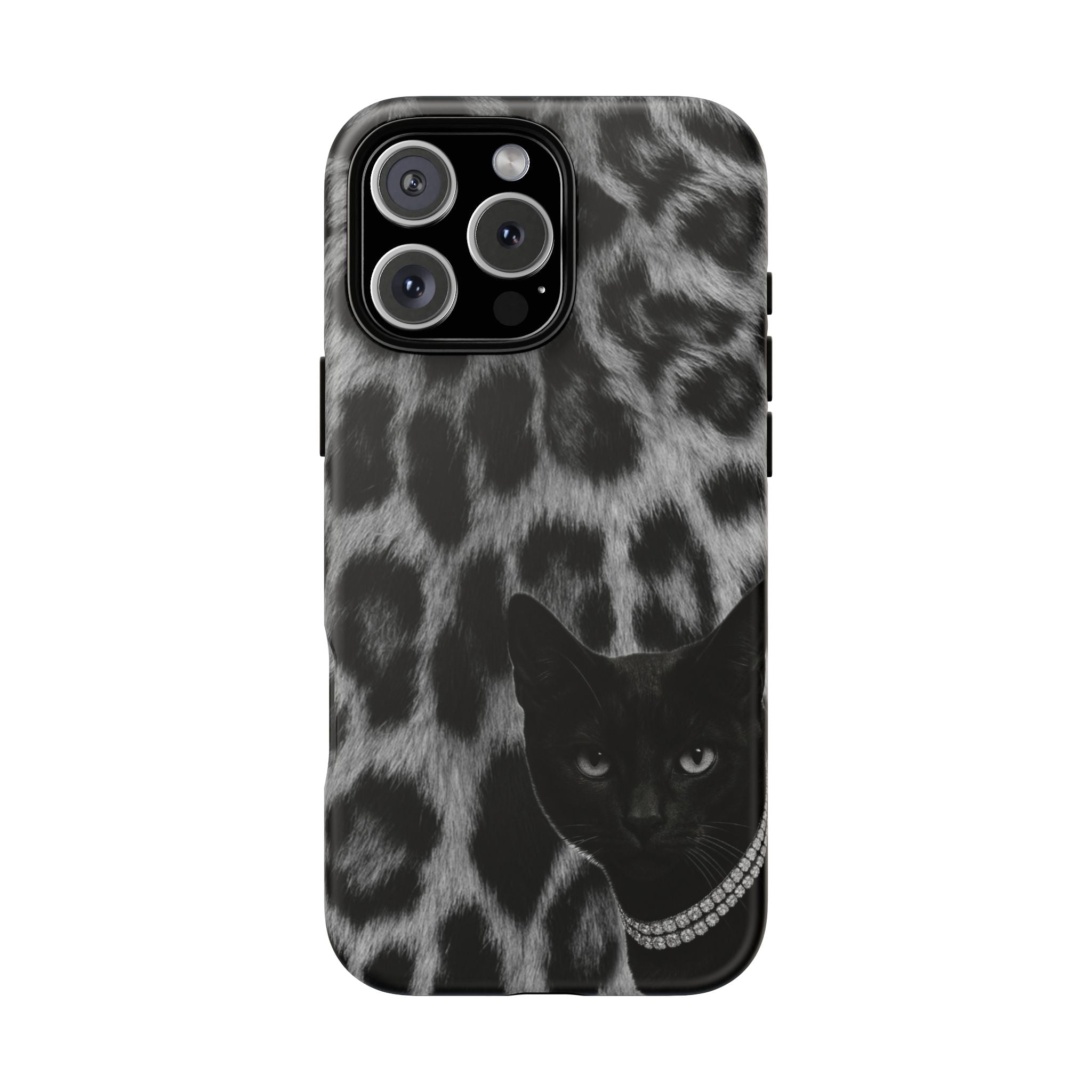 Cat Leopard Phone Case — Black Cat with Pearl Necklace, Chic Animal Print Protective Cover