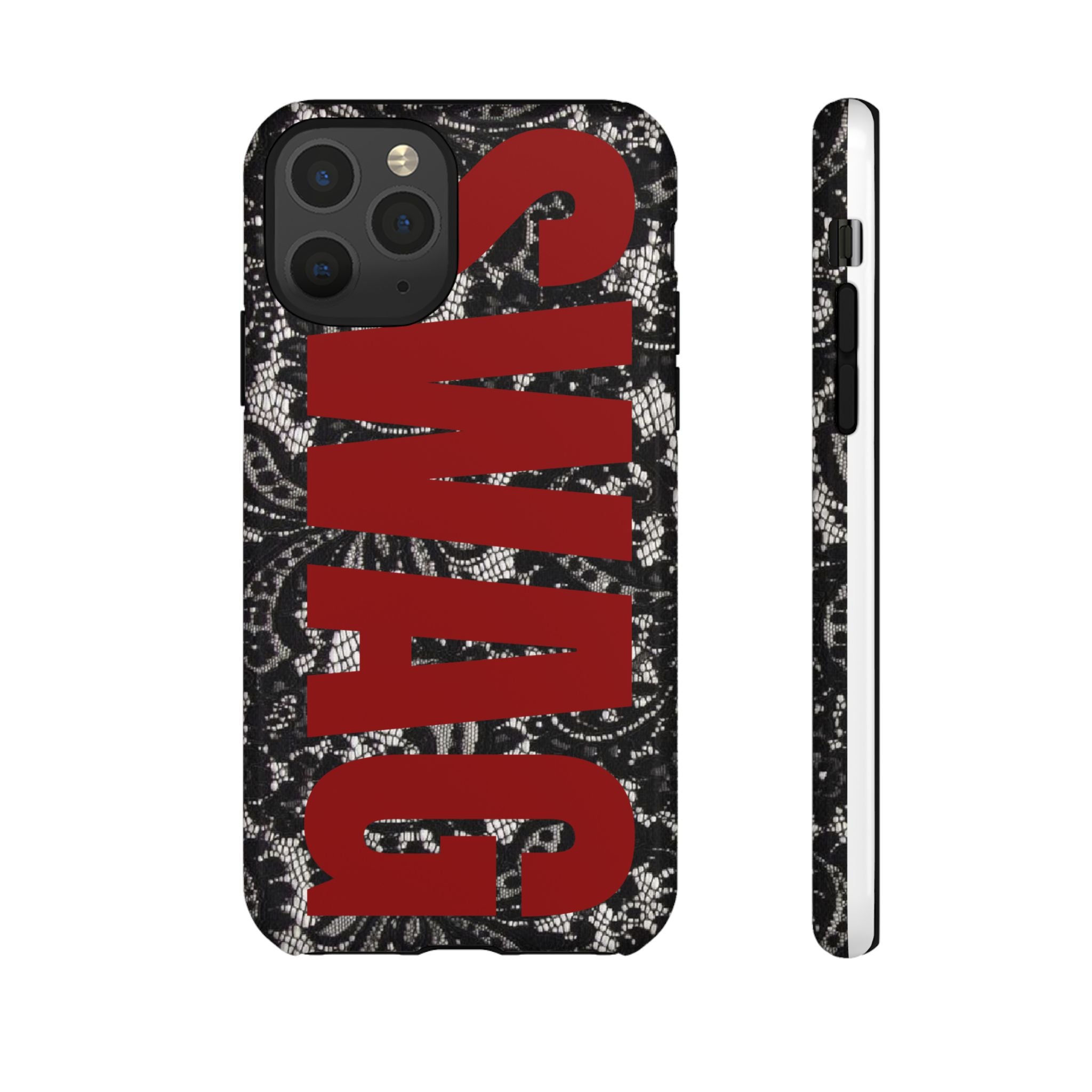 Phone Case — Black Lace Pattern with Bold Red SWAG Text