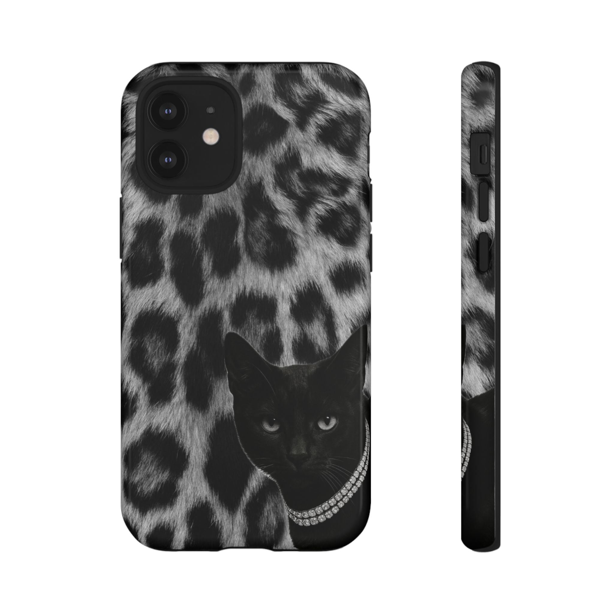Cat Leopard Phone Case — Black Cat with Pearl Necklace, Chic Animal Print Protective Cover