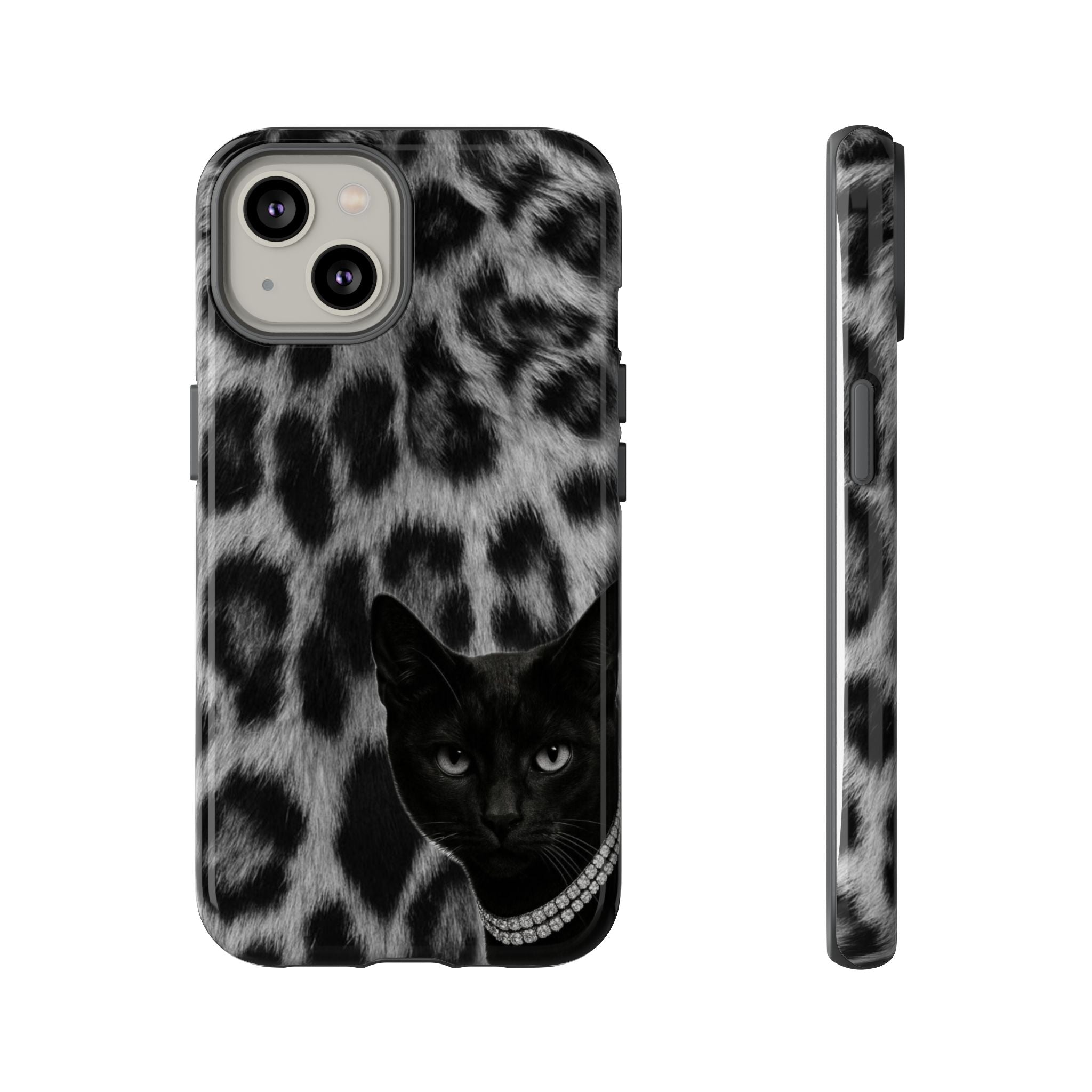Cat Leopard Phone Case — Black Cat with Pearl Necklace, Chic Animal Print Protective Cover