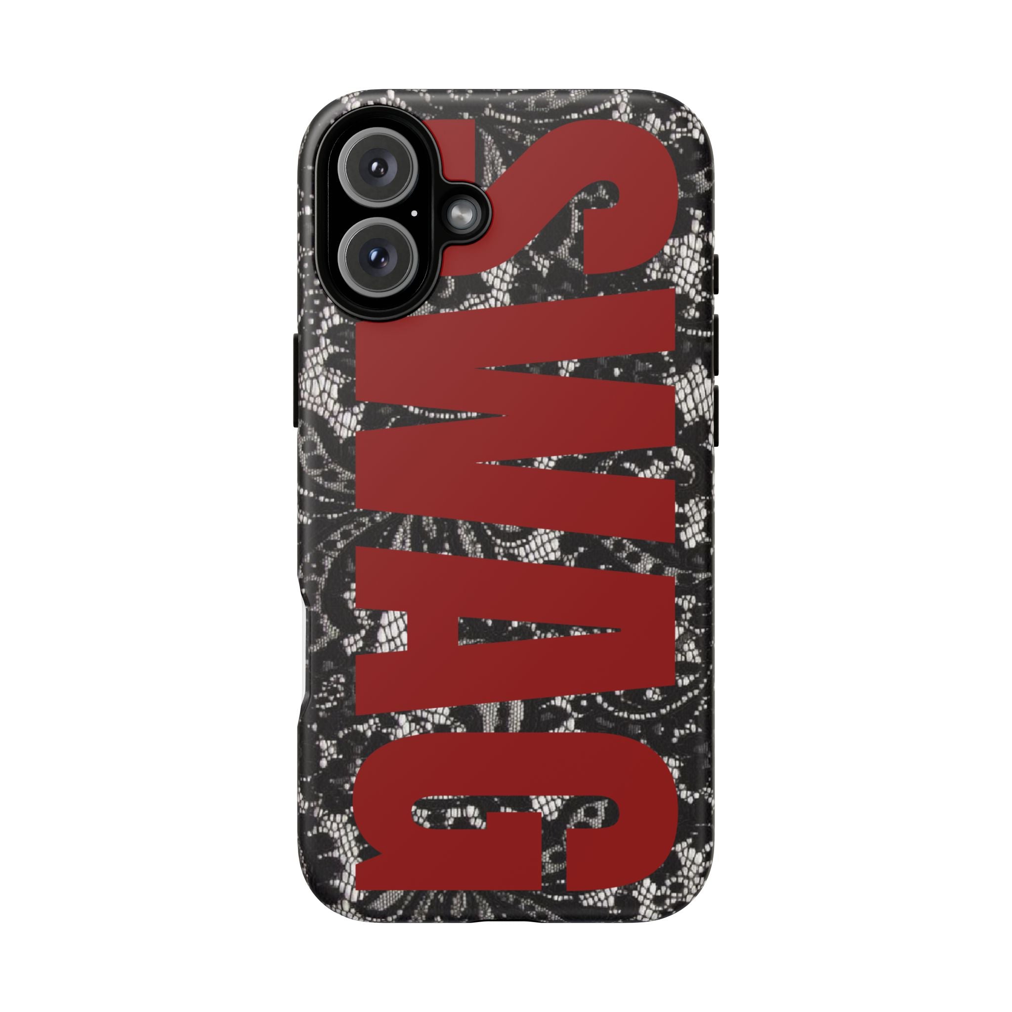 Phone Case — Black Lace Pattern with Bold Red SWAG Text