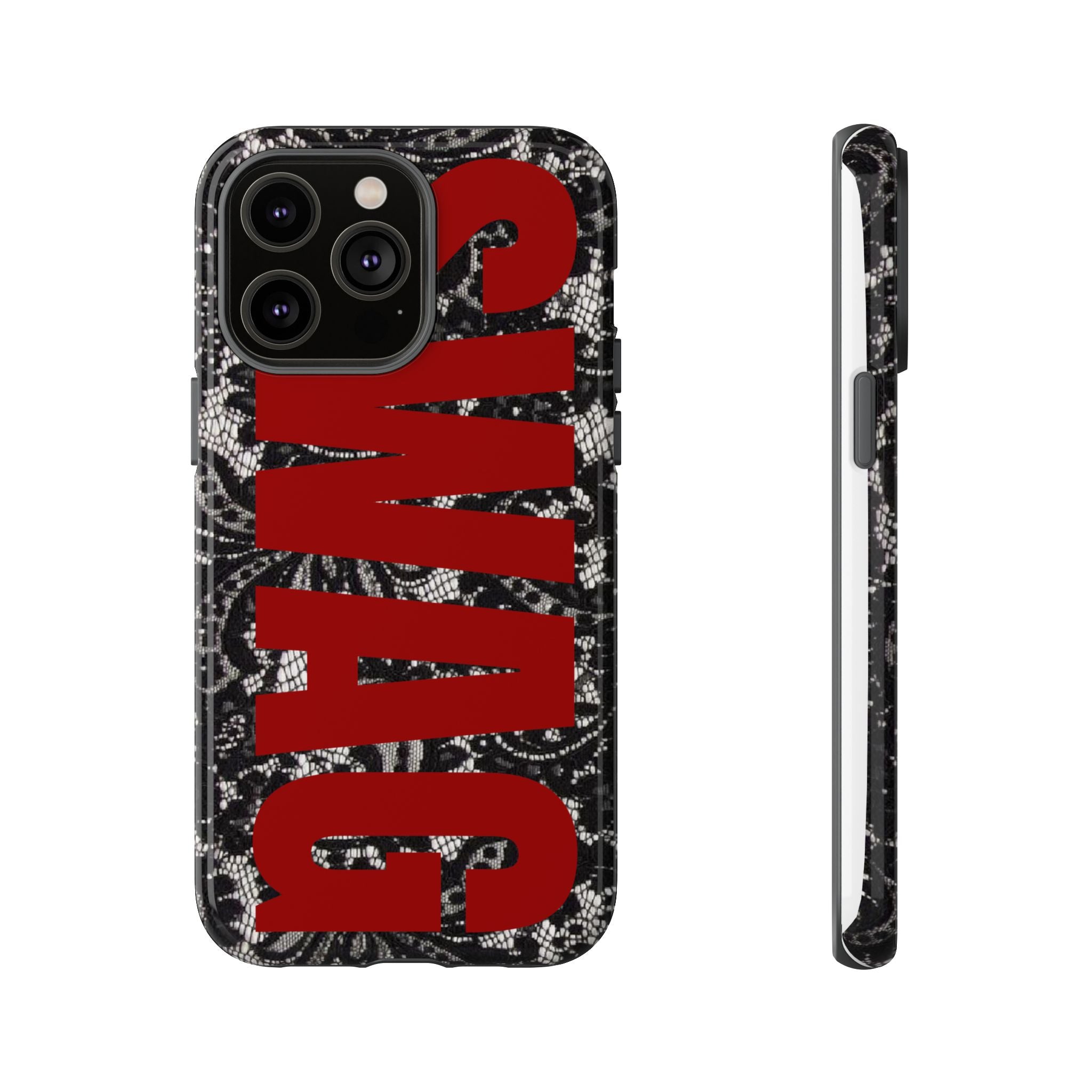 Phone Case — Black Lace Pattern with Bold Red SWAG Text