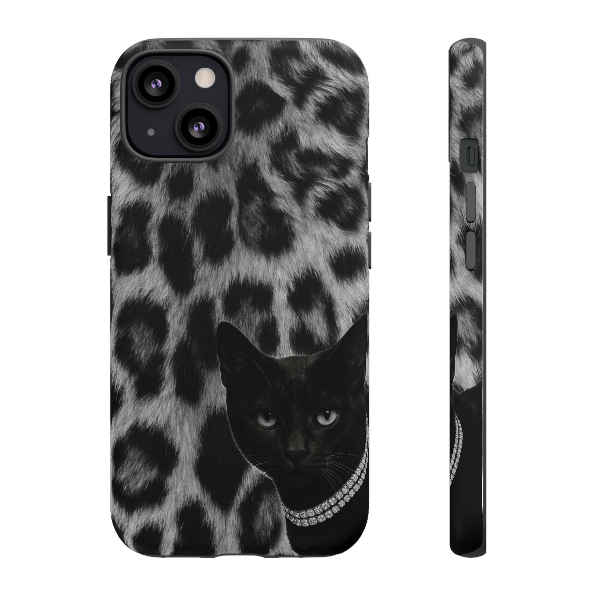 Cat Leopard Phone Case — Black Cat with Pearl Necklace, Chic Animal Print Protective Cover