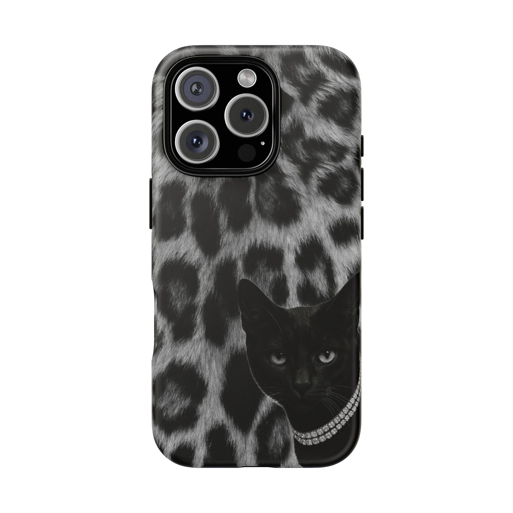 Cat Leopard Phone Case — Black Cat with Pearl Necklace, Chic Animal Print Protective Cover