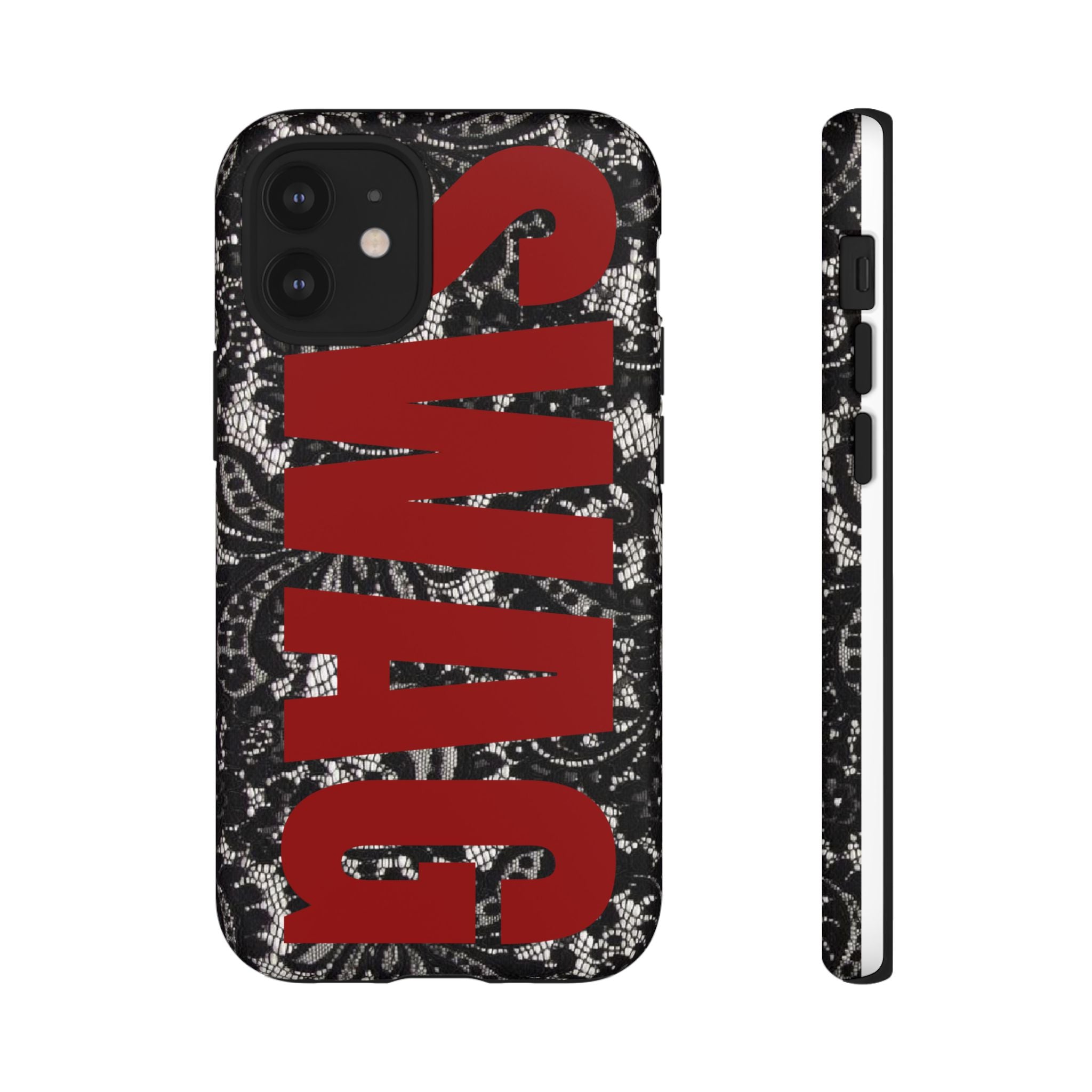 Phone Case — Black Lace Pattern with Bold Red SWAG Text