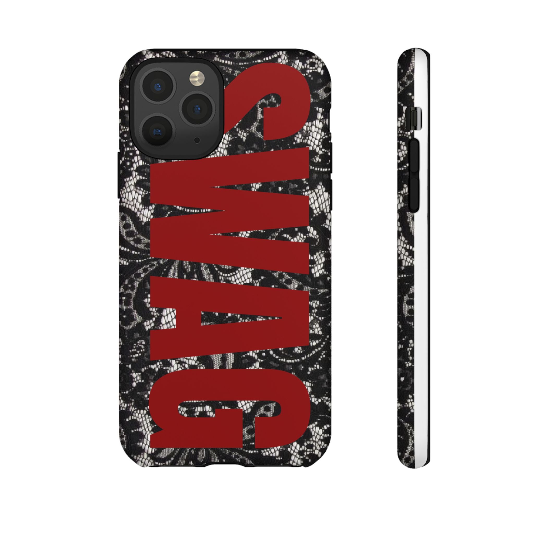 Phone Case — Black Lace Pattern with Bold Red SWAG Text