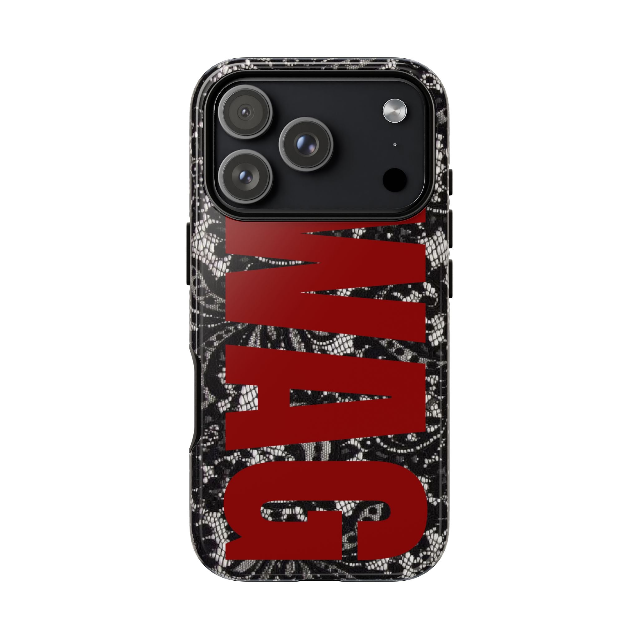 Phone Case — Black Lace Pattern with Bold Red SWAG Text