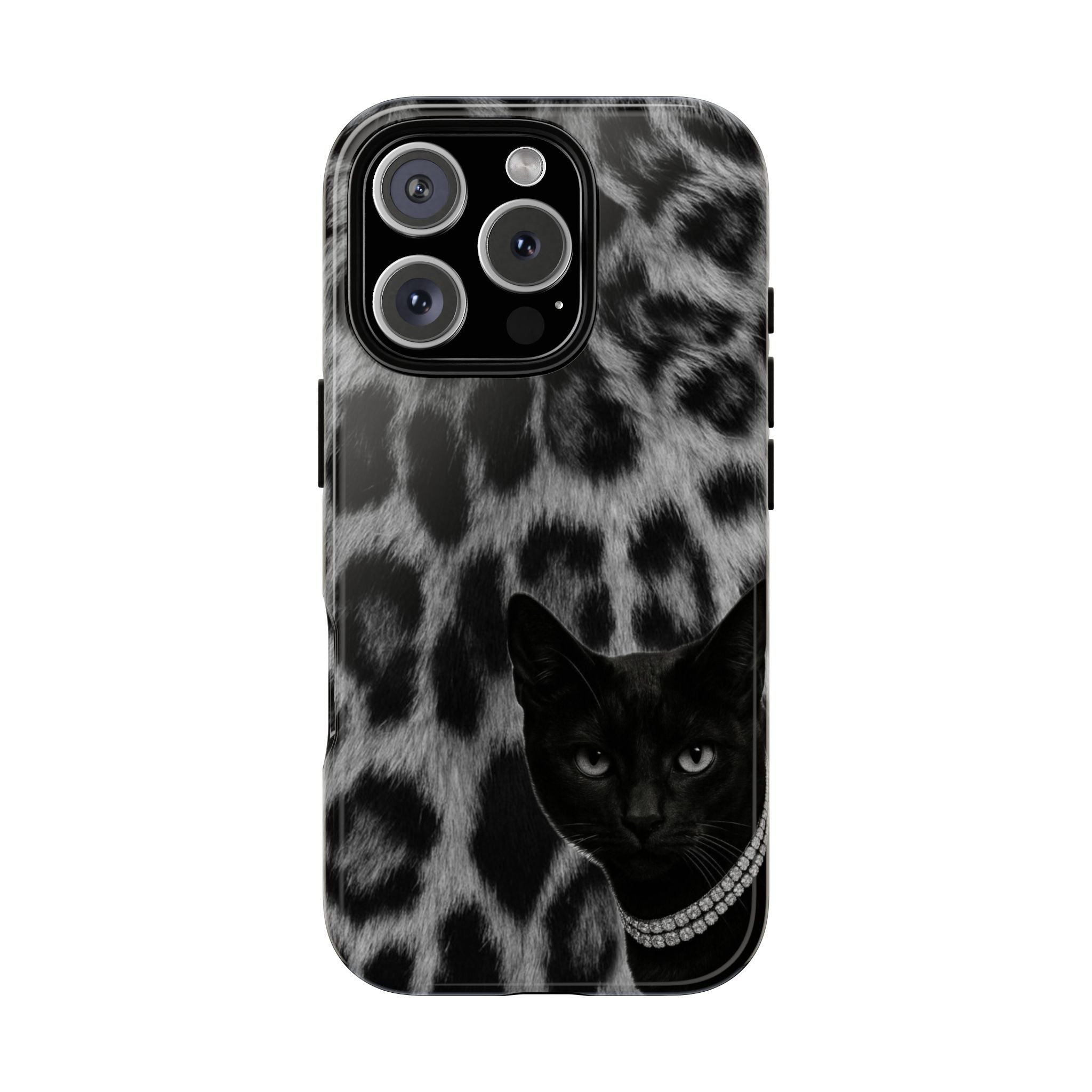 Cat Leopard Phone Case — Black Cat with Pearl Necklace, Chic Animal Print Protective Cover
