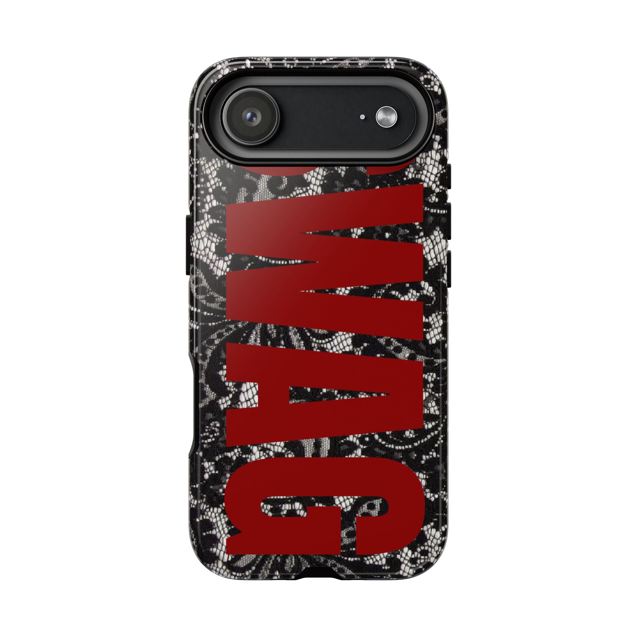 Phone Case — Black Lace Pattern with Bold Red SWAG Text