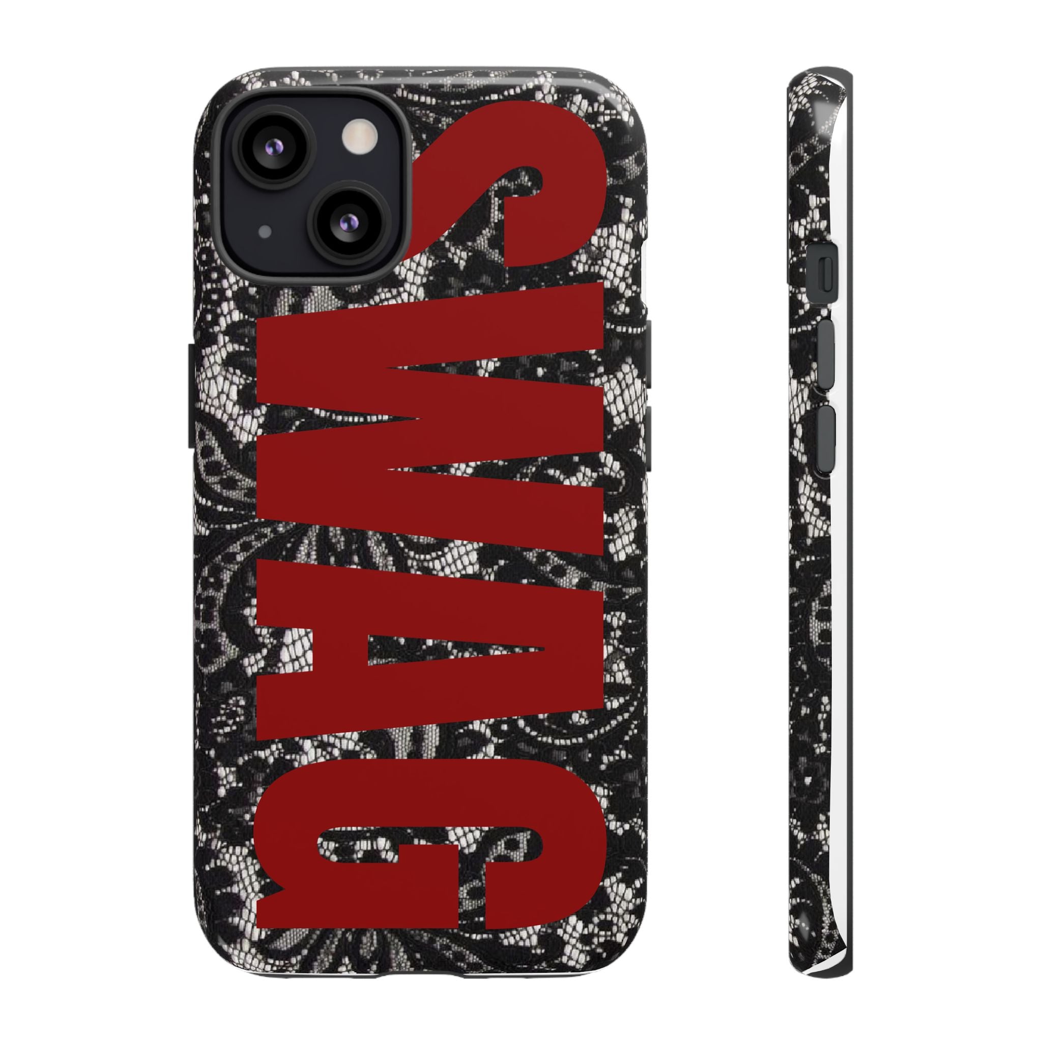 Phone Case — Black Lace Pattern with Bold Red SWAG Text