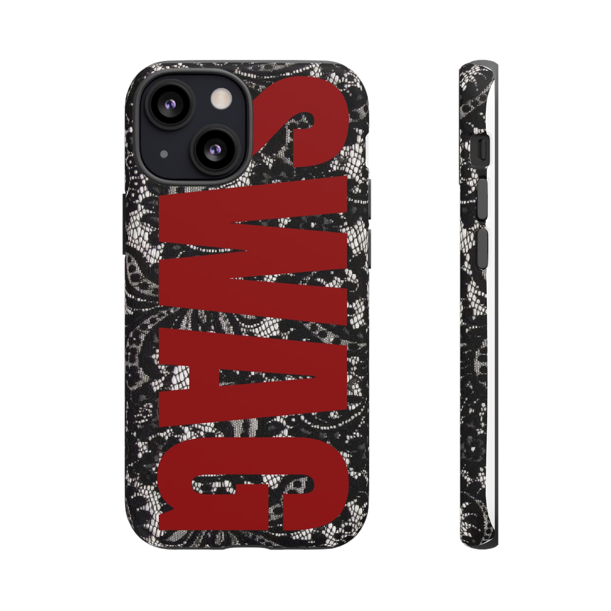 Phone Case — Black Lace Pattern with Bold Red SWAG Text